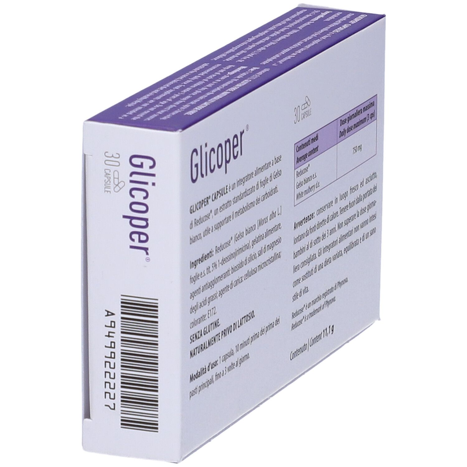 Vista laterale della scatola "Glicoper" con informazioni e avvertenze. 30 capsule.
