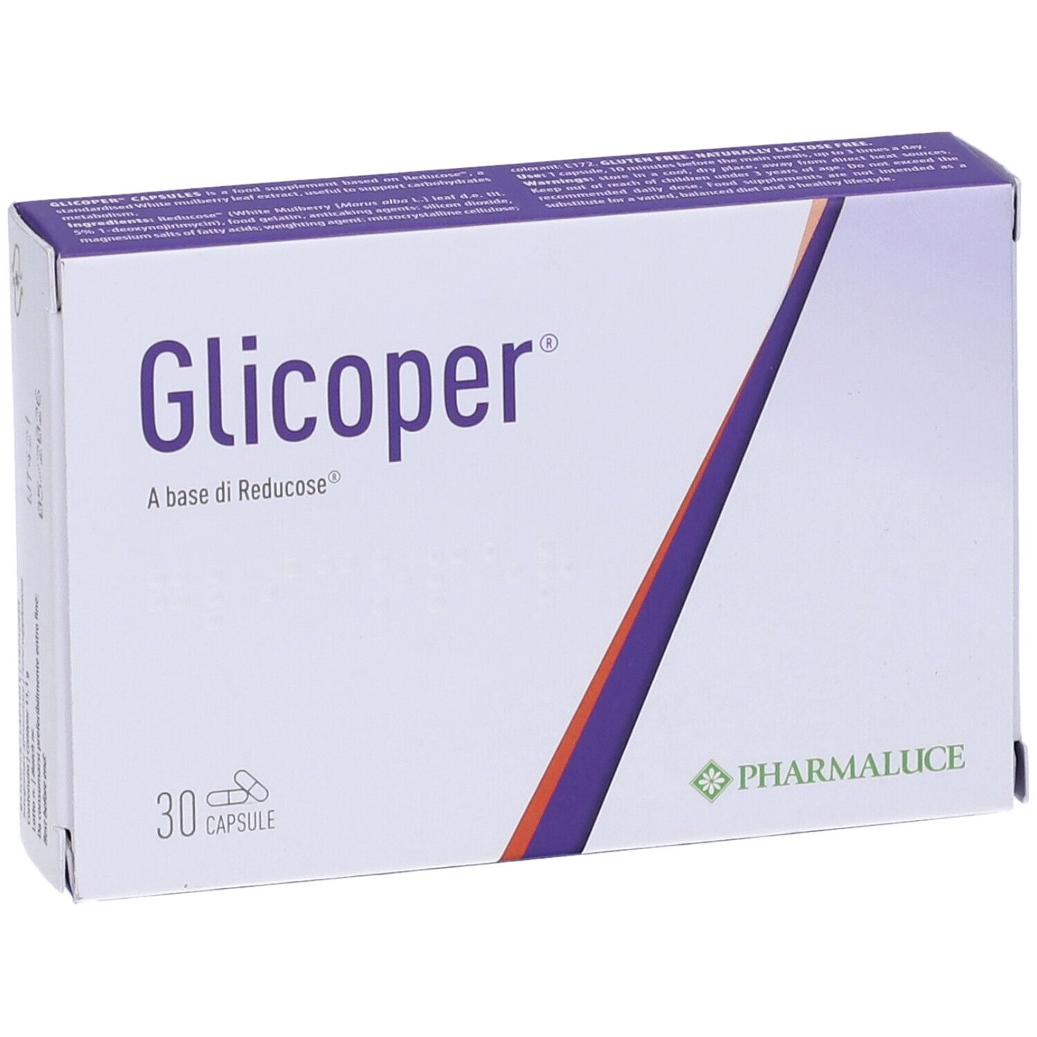 Scatola "Glicoper" con 30 capsule. Strisce diagonali viola e arancioni. Logo "Pharmaluce".
