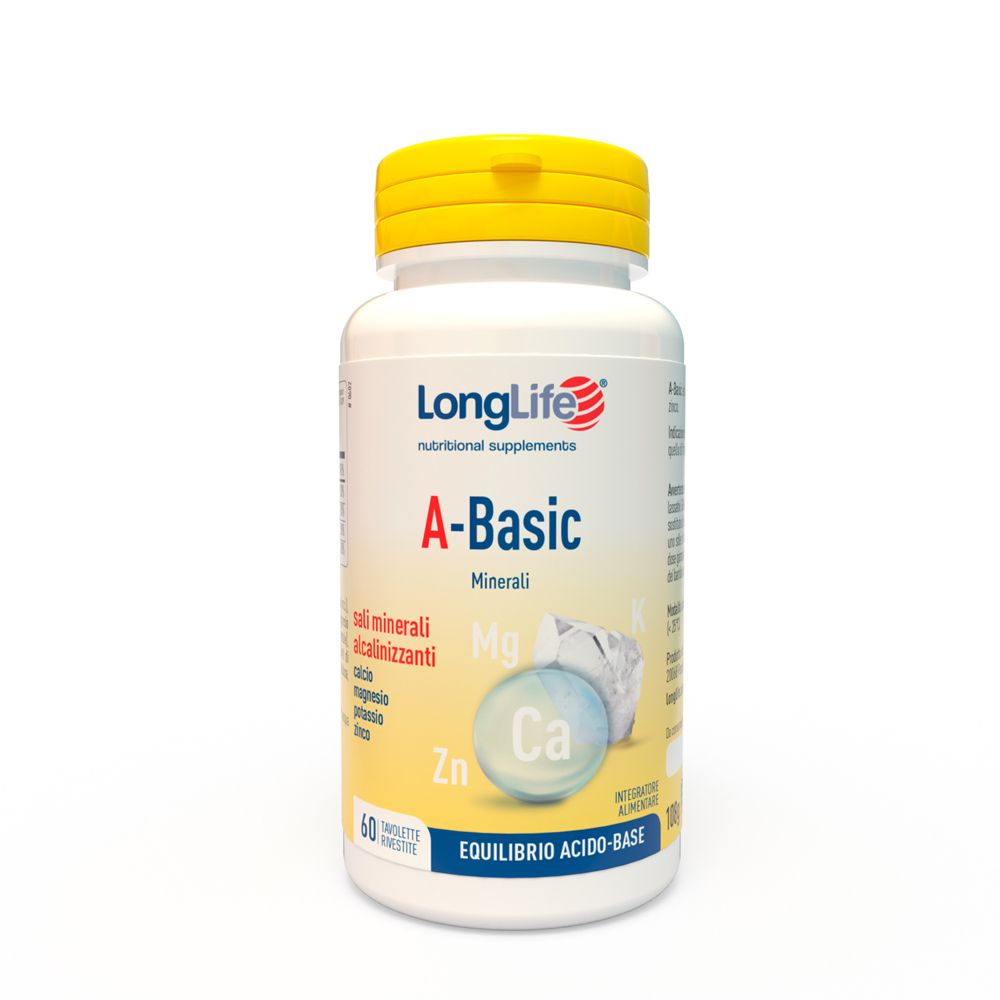 Flacone bianco di compresse con tappo giallo. Scritta: LongLife A-Basic. 60 compresse. Minerali.