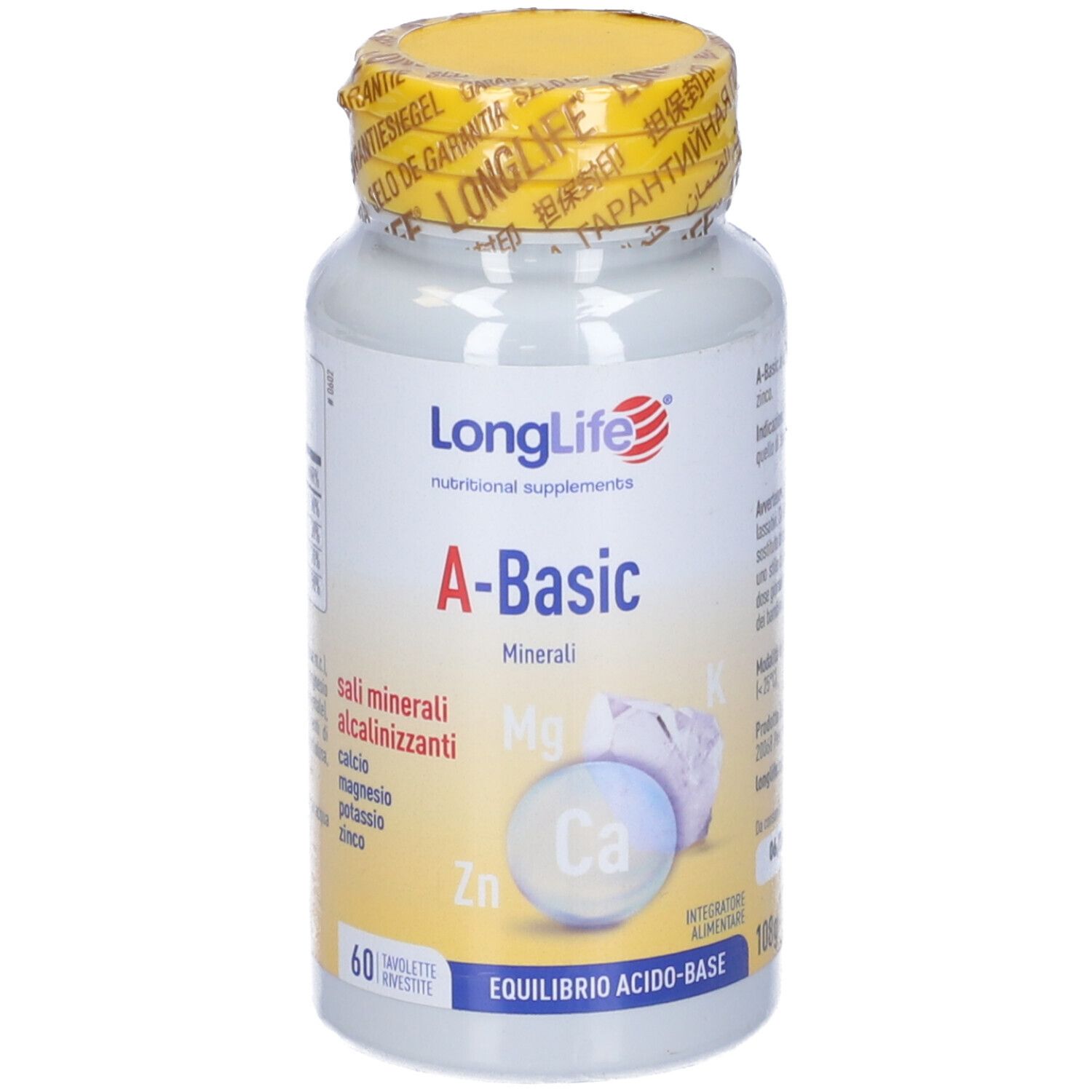 Flacone di compresse con tappo giallo e sigillo. Scritta: LongLife A-Basic. 60 compresse. Minerali.