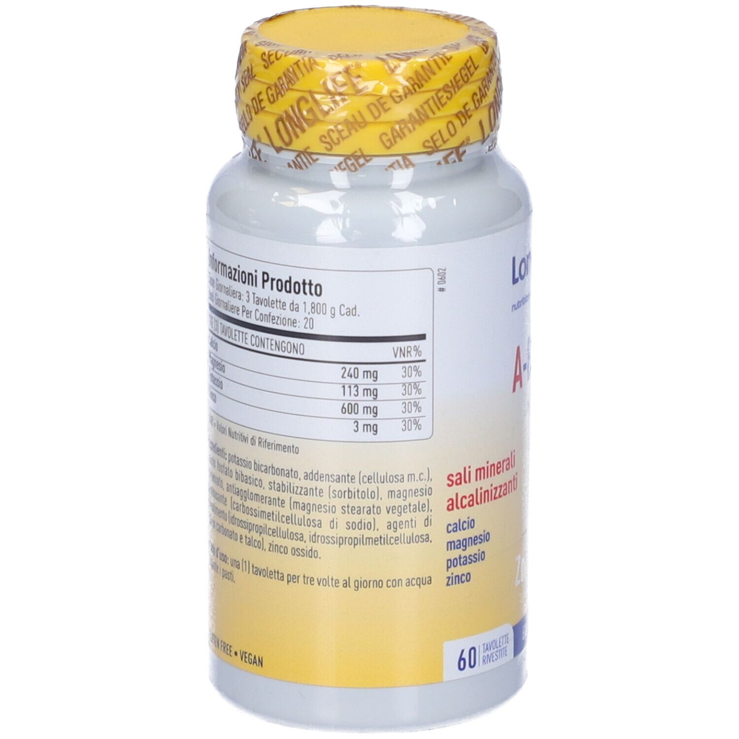 Flacone di compresse con tappo giallo. Retro con informazioni nutrizionali e ingredienti. 60 compresse.
