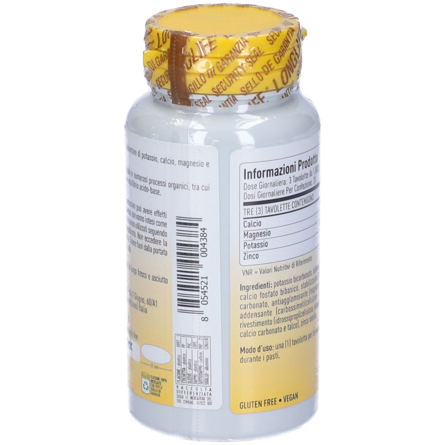 Flacone di compresse con tappo giallo. Retro con informazioni. Senza glutine e vegano. 60 compresse.