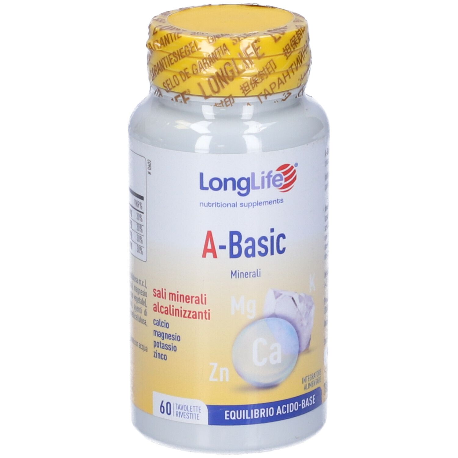 Flacone di compresse con tappo giallo. Scritta: LongLife A-Basic. 60 compresse. Minerali.