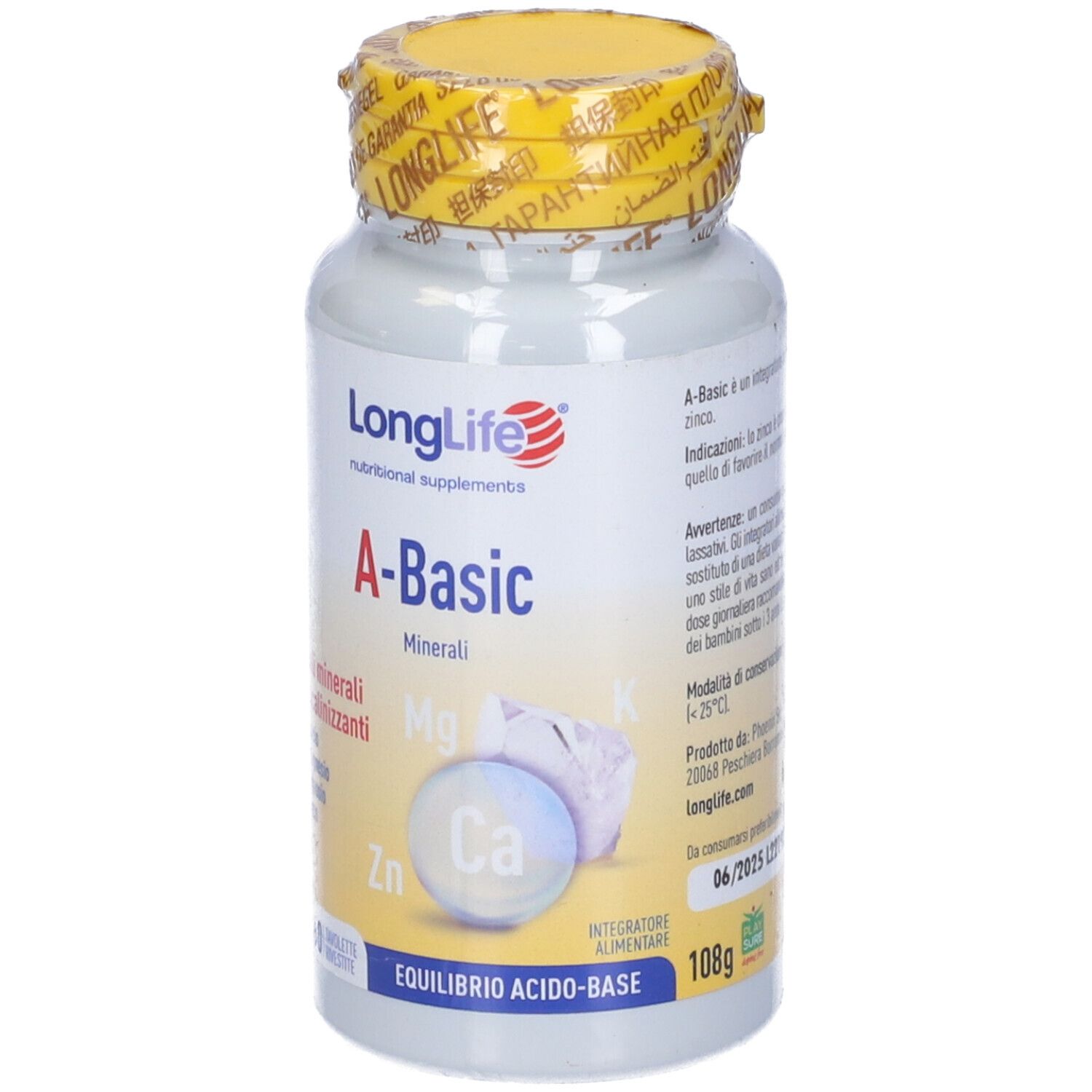 Flacone di compresse con tappo giallo. Scritta: LongLife A-Basic. 108g. Minerali. Scadenza 06/2025.
