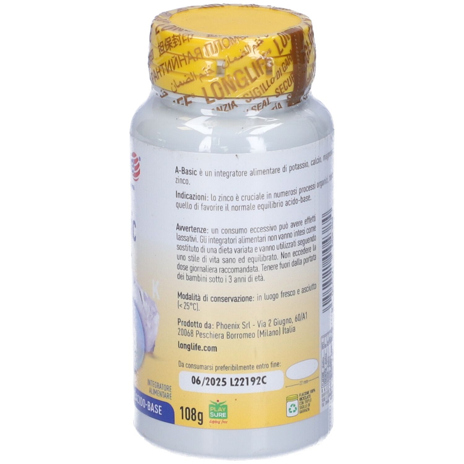 Flacone di compresse con tappo giallo. Retro con informazioni. Scadenza 06/2025. 108g. Vegano.