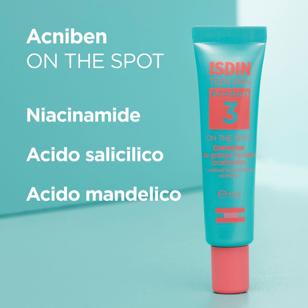 Türkisfarbene Tube. Aufschrift: ISDIN, Acniben 3, ON THE SPOT. Enthält Niacinamid, Salicylsäure, Mandelsäure.