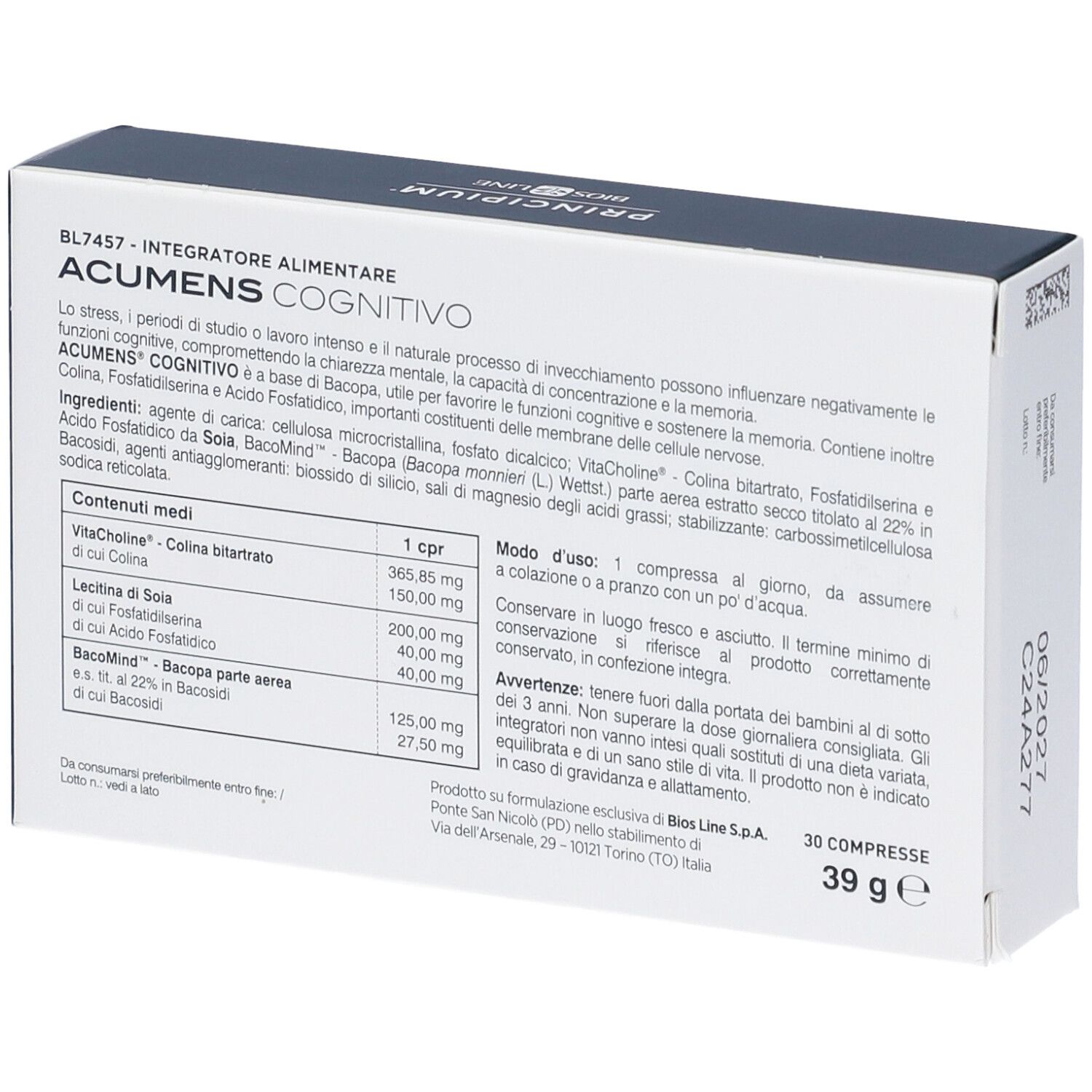 Rückseite der Schachtel mit Produktinformationen. Text in italienischer Sprache. 30 Tabletten, 39 g.