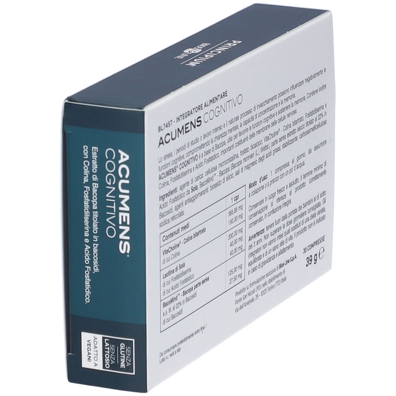Schachtel mit Produktinformationen. Text in italienischer Sprache. 30 Tabletten, 39 g.