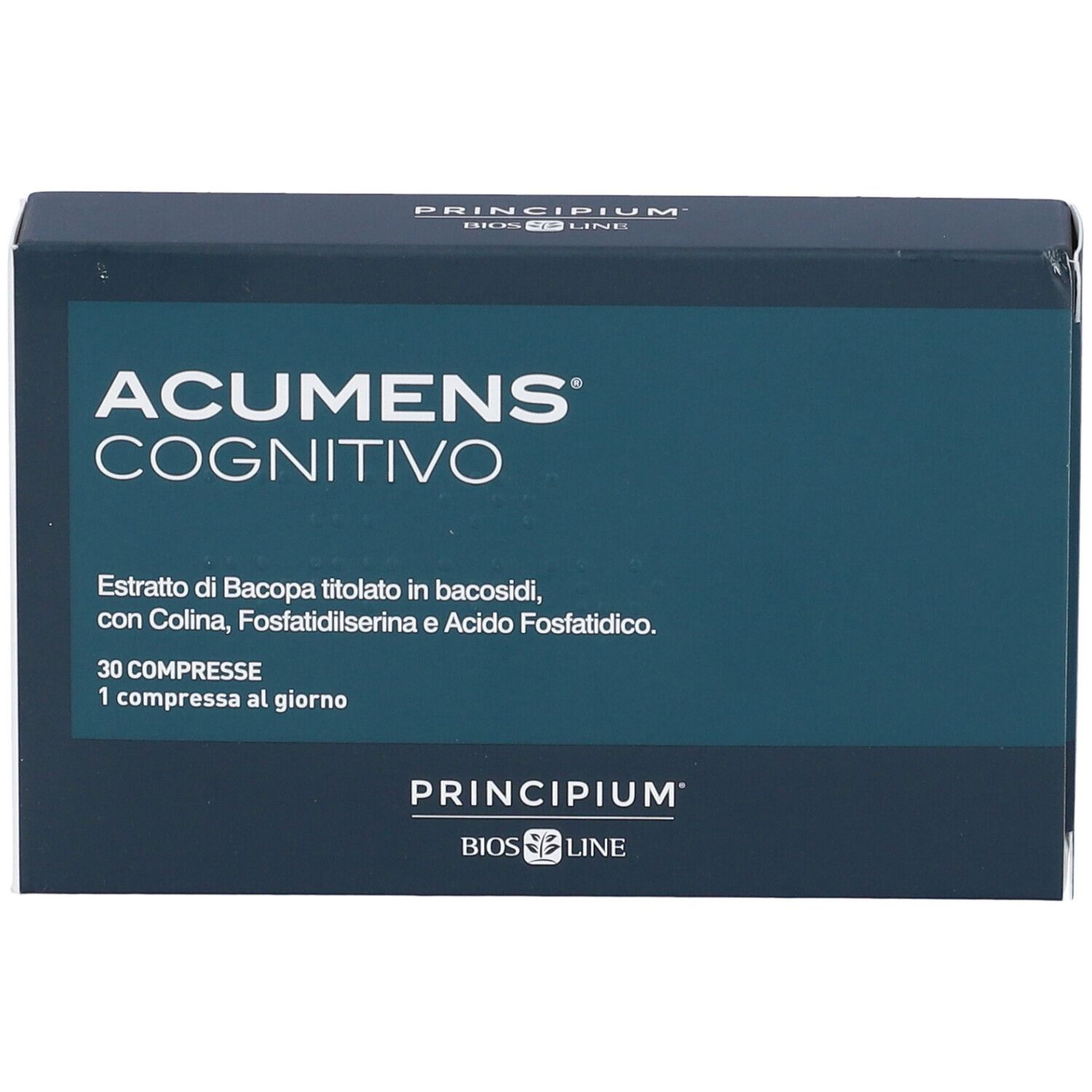 Dunkelblaue Schachtel mit Produktnamen ACUMENS COGNITIVO. Text: 30 Tabletten, Principium Bios Line.