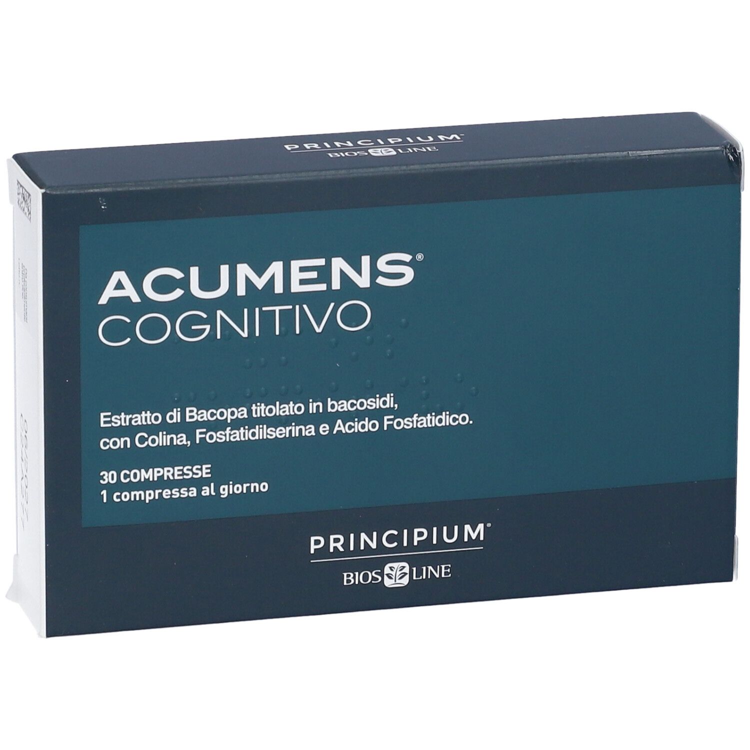 Dunkelblaue Schachtel mit Produktnamen ACUMENS COGNITIVO. Text: 30 Tabletten, Principium Bios Line.