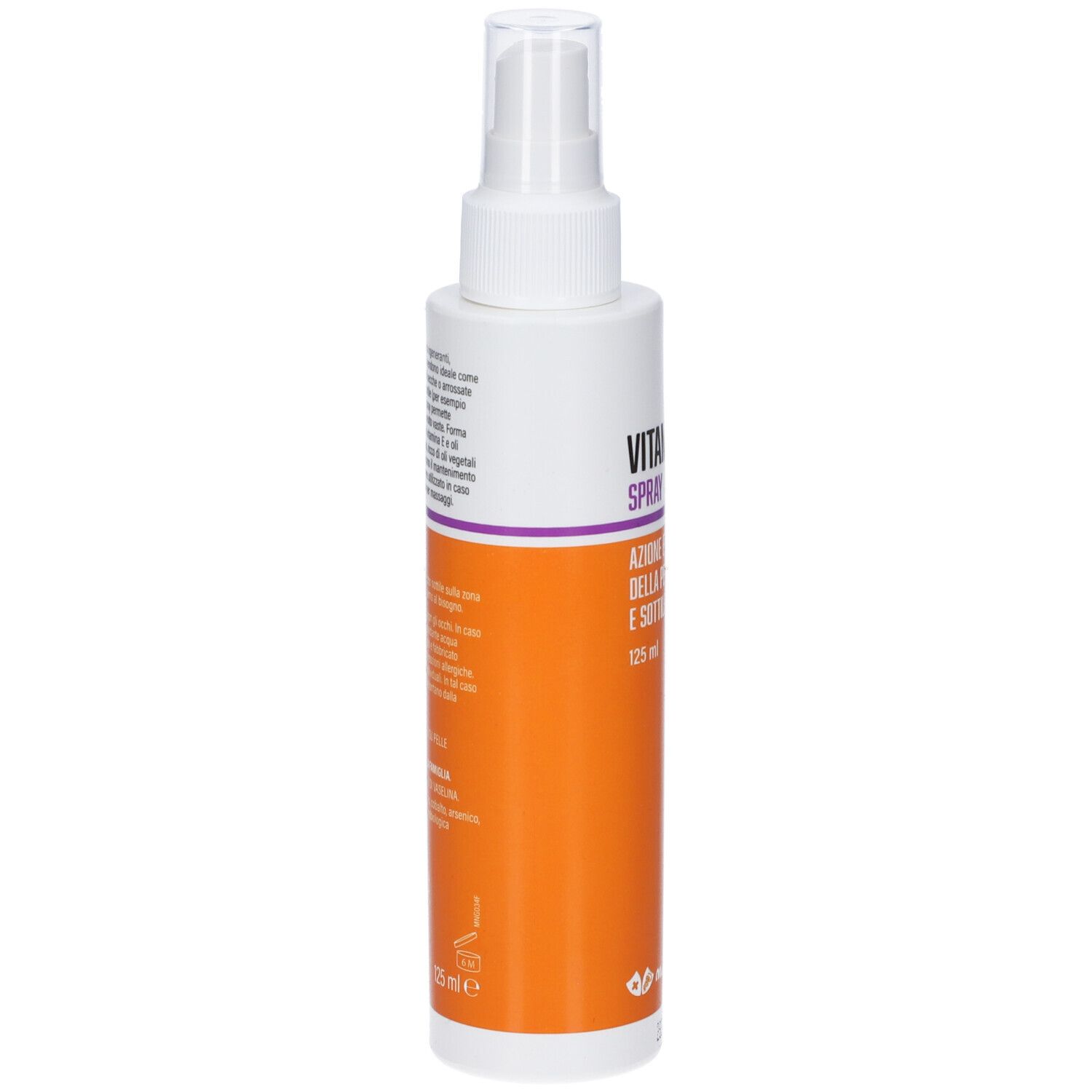 Weiße Sprühflasche mit orangefarbenem Abschnitt. Aufschrift: Vitamina E Spray. Text darunter: Azione emolliente della pelle secca e sottile. Rückseite.