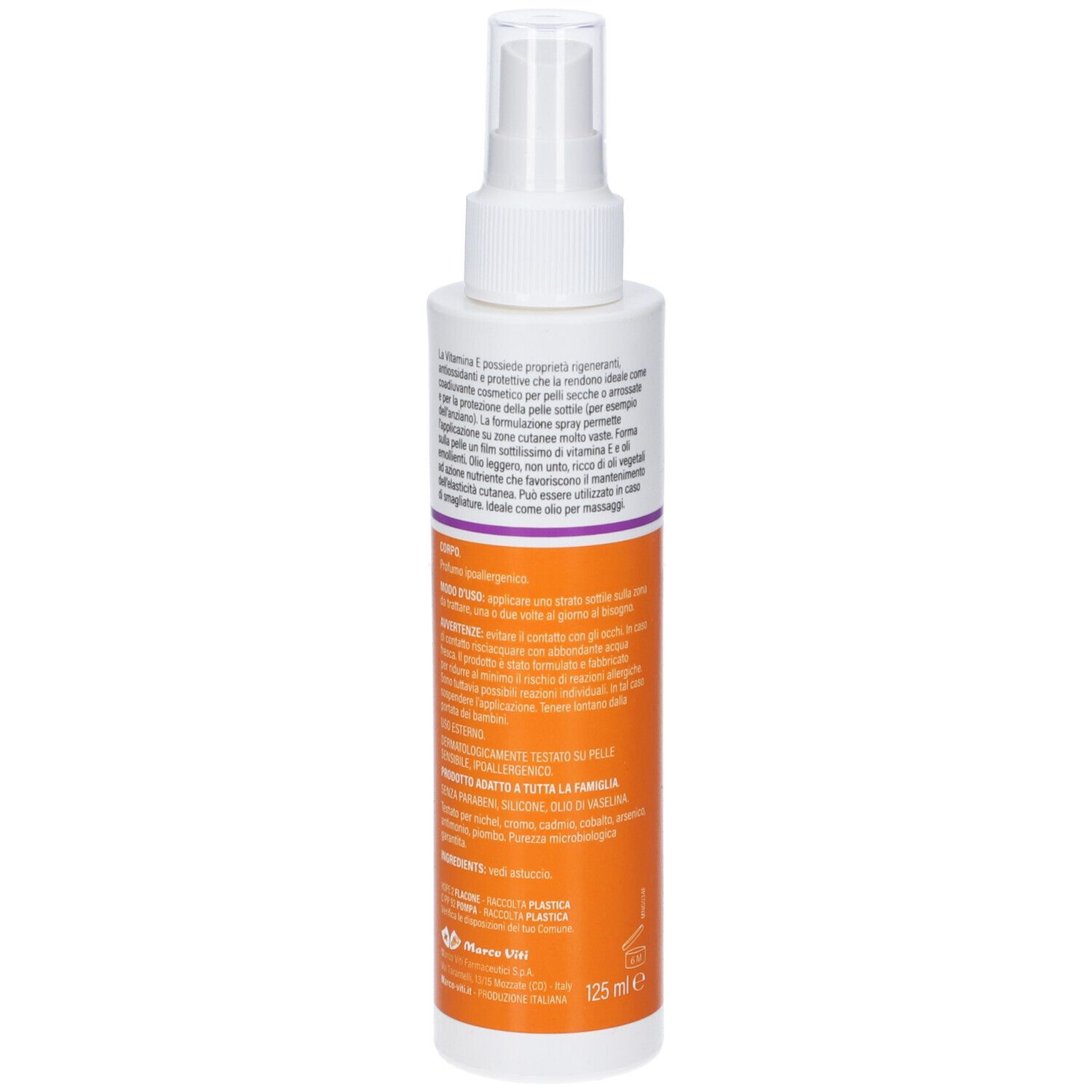 Weiße Sprühflasche mit orangefarbenem Abschnitt. Aufschrift: Vitamina E Spray. Text darunter: Azione emolliente della pelle secca e sottile. Rückseite.