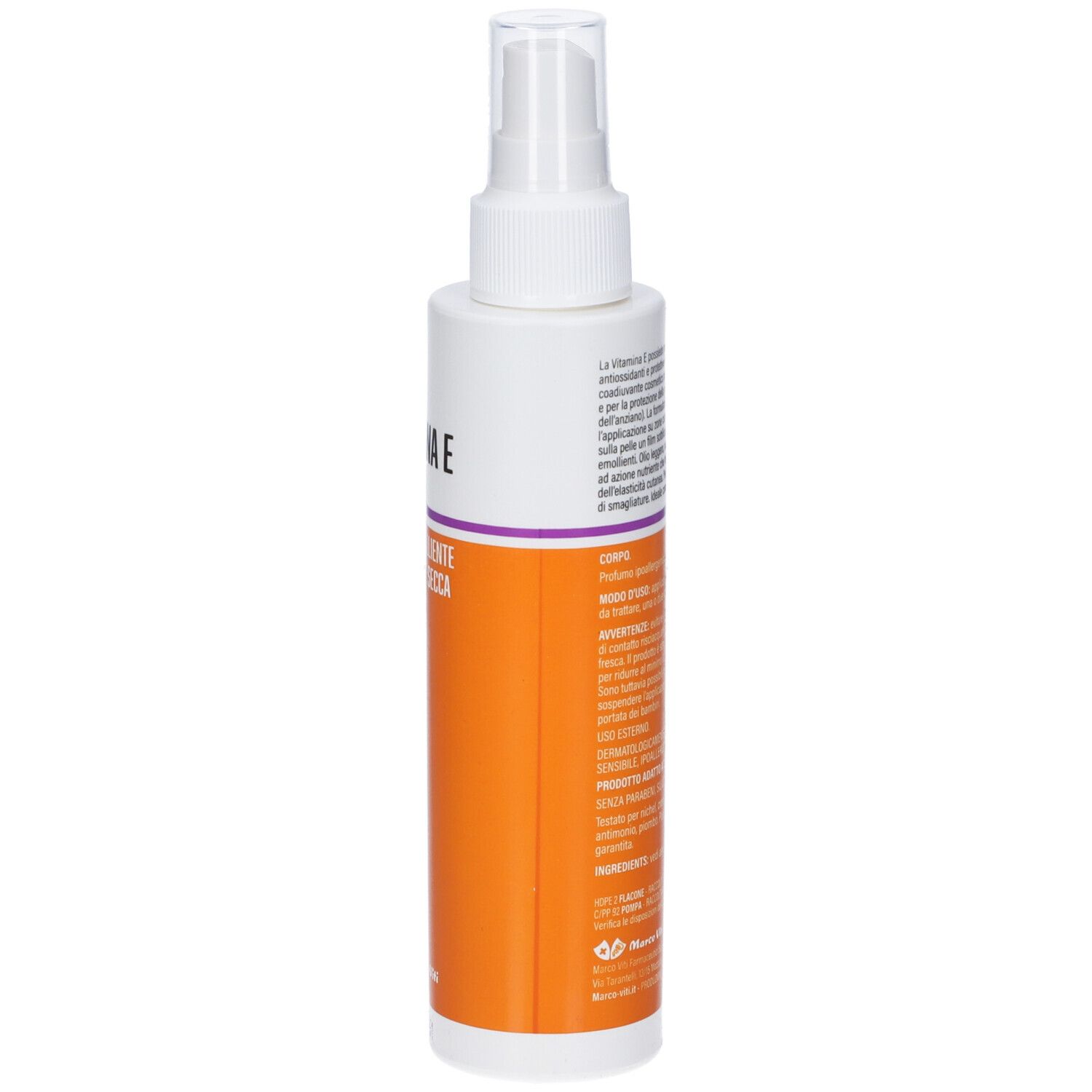 Weiße Sprühflasche mit orangefarbenem Abschnitt. Aufschrift: Vitamina E Spray. Text darunter: Azione emolliente della pelle secca e sottile. Rückseite.