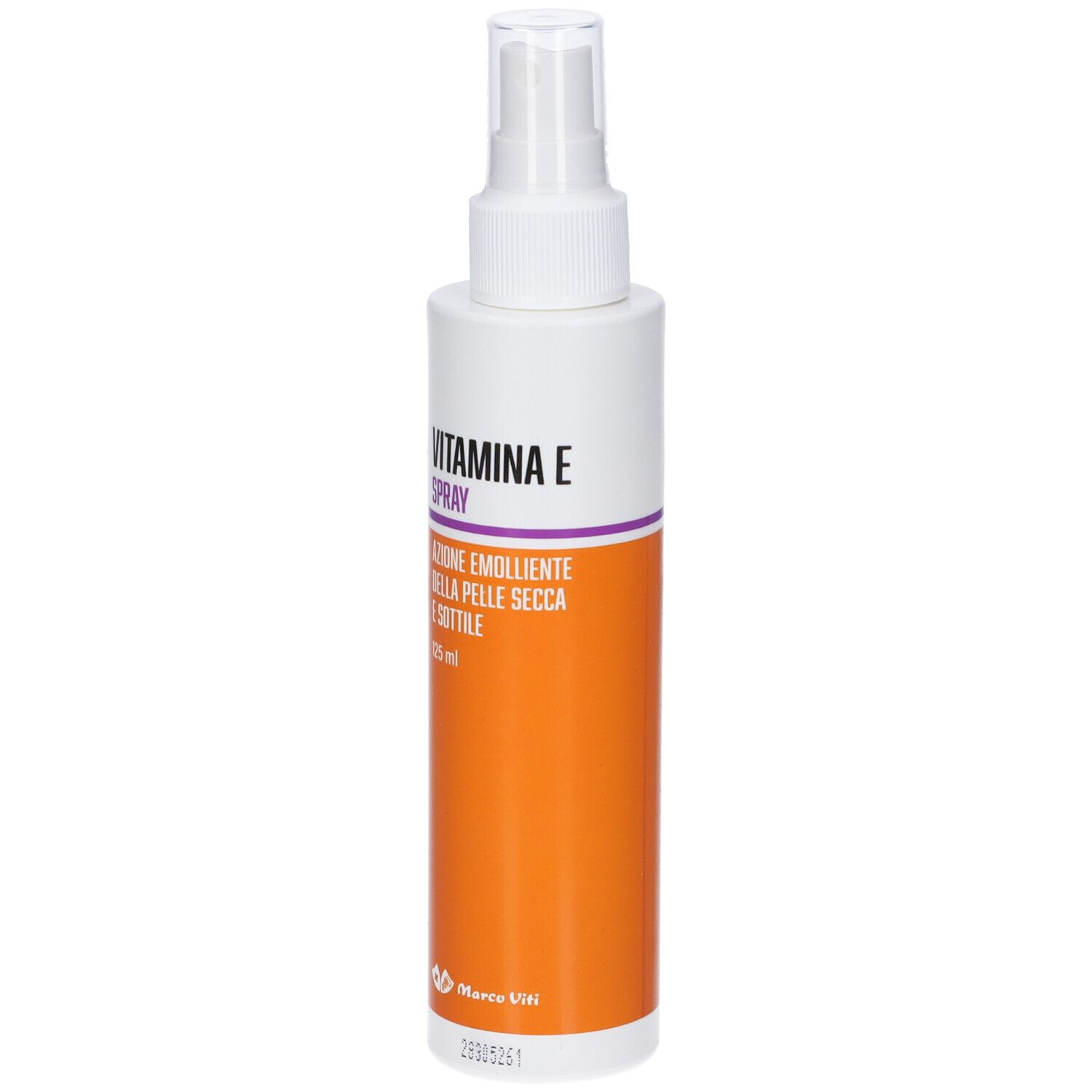 Weiße Sprühflasche mit orangefarbenem Abschnitt. Aufschrift: Vitamina E Spray. Text darunter: Azione emolliente della pelle secca e sottile. Marke Marco Viti.