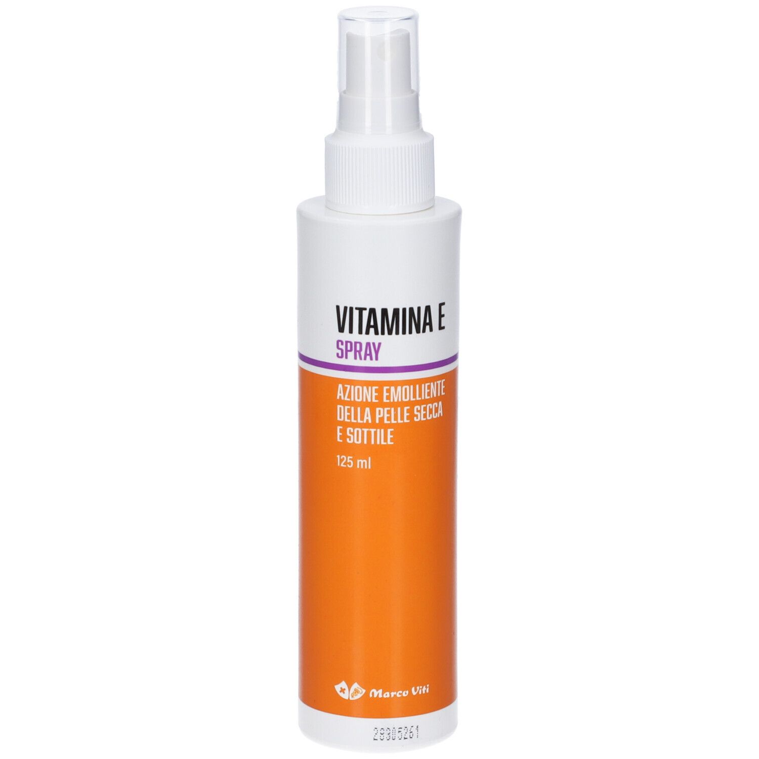 Weiße Sprühflasche mit orangefarbenem Abschnitt. Aufschrift: Vitamina E Spray. Text darunter: Azione emolliente della pelle secca e sottile. Marke Marco Viti.