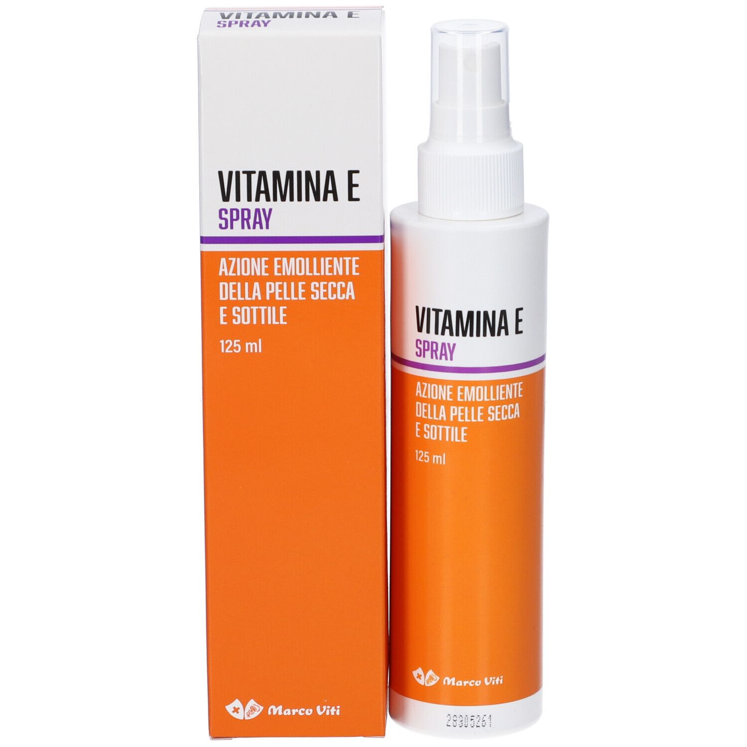 Vitamina E Spray Flasche und Verpackung. Aufschrift: Vitamina E Spray. Text: Azione emolliente della pelle secca e sottile. Marke Marco Viti.