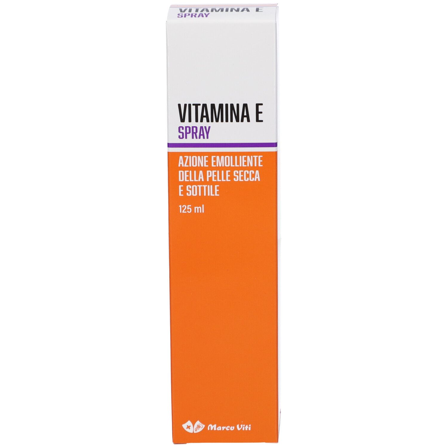Verpackung von Vitamina E Spray. Aufschrift: Vitamina E Spray. Text: Azione emolliente della pelle secca e sottile. Marke Marco Viti.