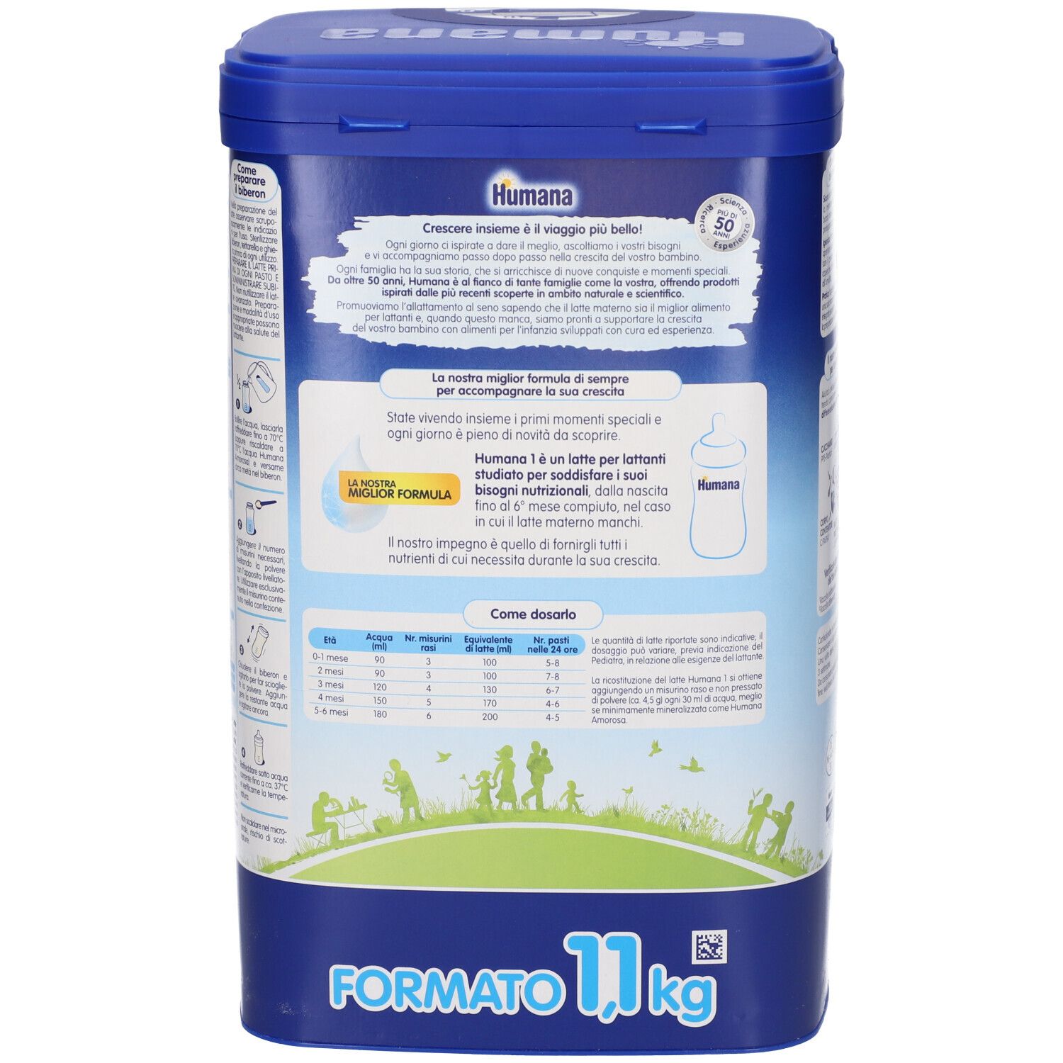 Latta Humana Latte di Proseguimento 1, 1.1kg con informazioni sulla preparazione e tabella nutrizionale.