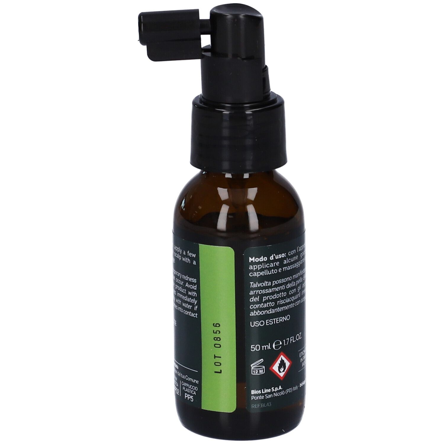 Braune Glasflasche mit schwarzem Sprühkopf und Etikett. Enthält 50 ml.