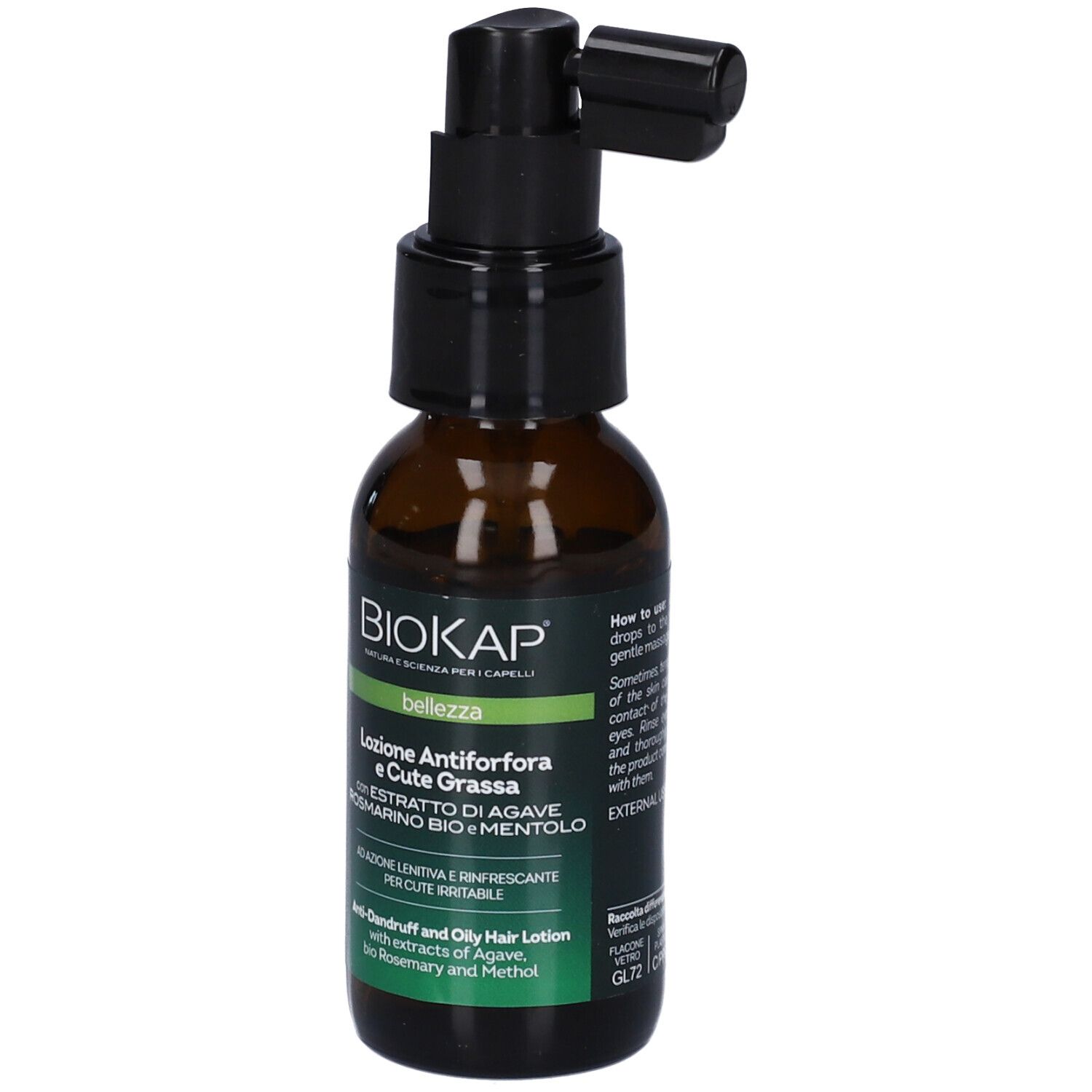 Braune Glasflasche mit schwarzem Pumpspender und Applikator. Biokap Lotion Antiforfora e Cute Grassa.
