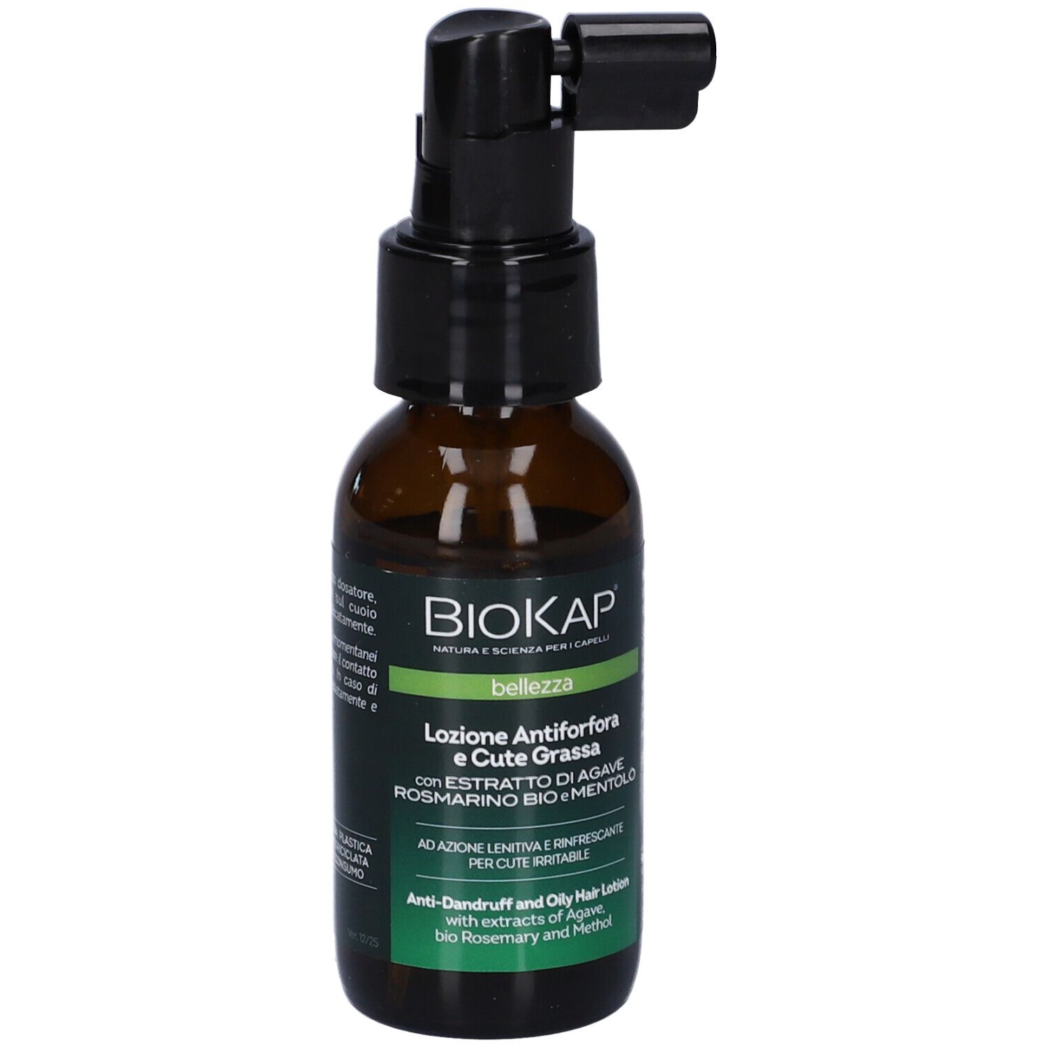 BioKap Anti-Schuppen und fettige Haar Lotion in brauner Glasflasche mit Pumpspender.
