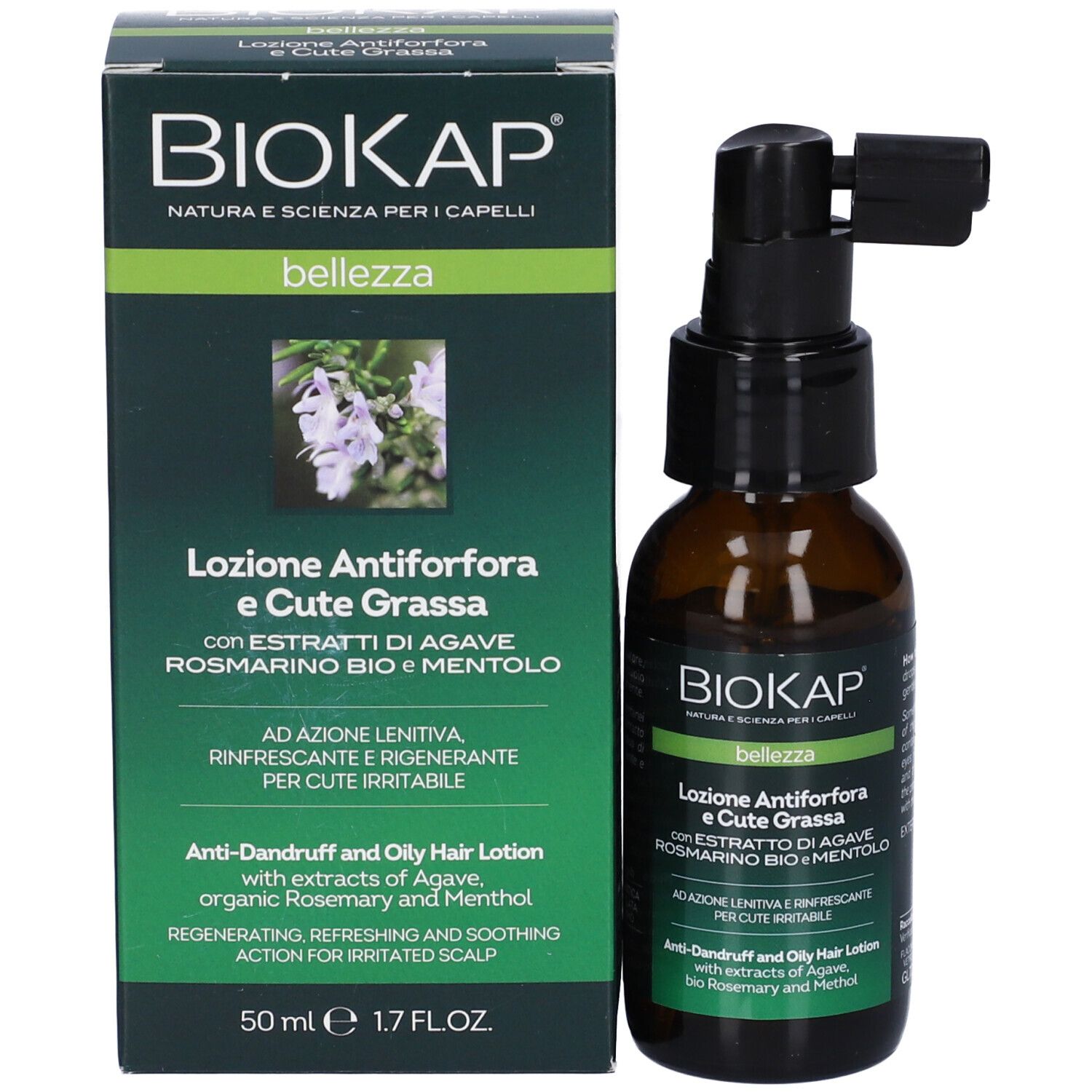 BIOKAP Anti-Schuppen und fettige Haar Lotion Flasche und Karton.