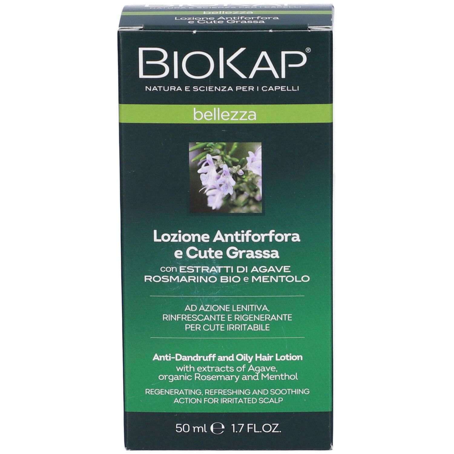 BIOKAP Anti-Schuppen und fettige Haar Lotion mit Agavenextrakt, Bio-Rosmarin und Menthol. 50 ml.