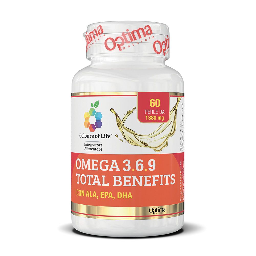 Weiße Flasche mit Omega 3.6.9 Total Benefits Nahrungsergänzungsmitteln, 60 Perlen.