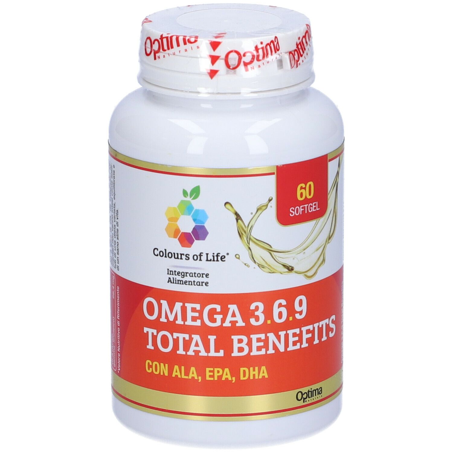 Weiße Flasche mit Omega 3.6.9 Total Benefits. 60 Softgel-Kapseln. Farben des Lebens Logo. Optima-Siegel.