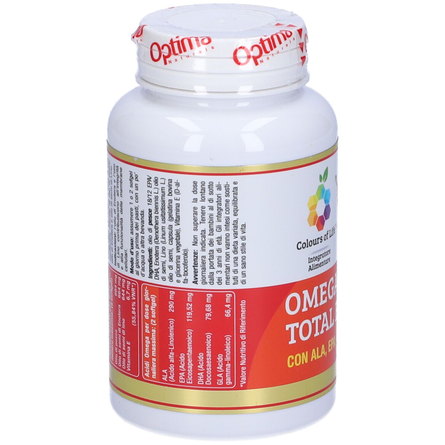 Rückseite der Flasche. Text mit Inhaltsstoffen und Nährwertangaben. Farben des Lebens Logo. Optima.