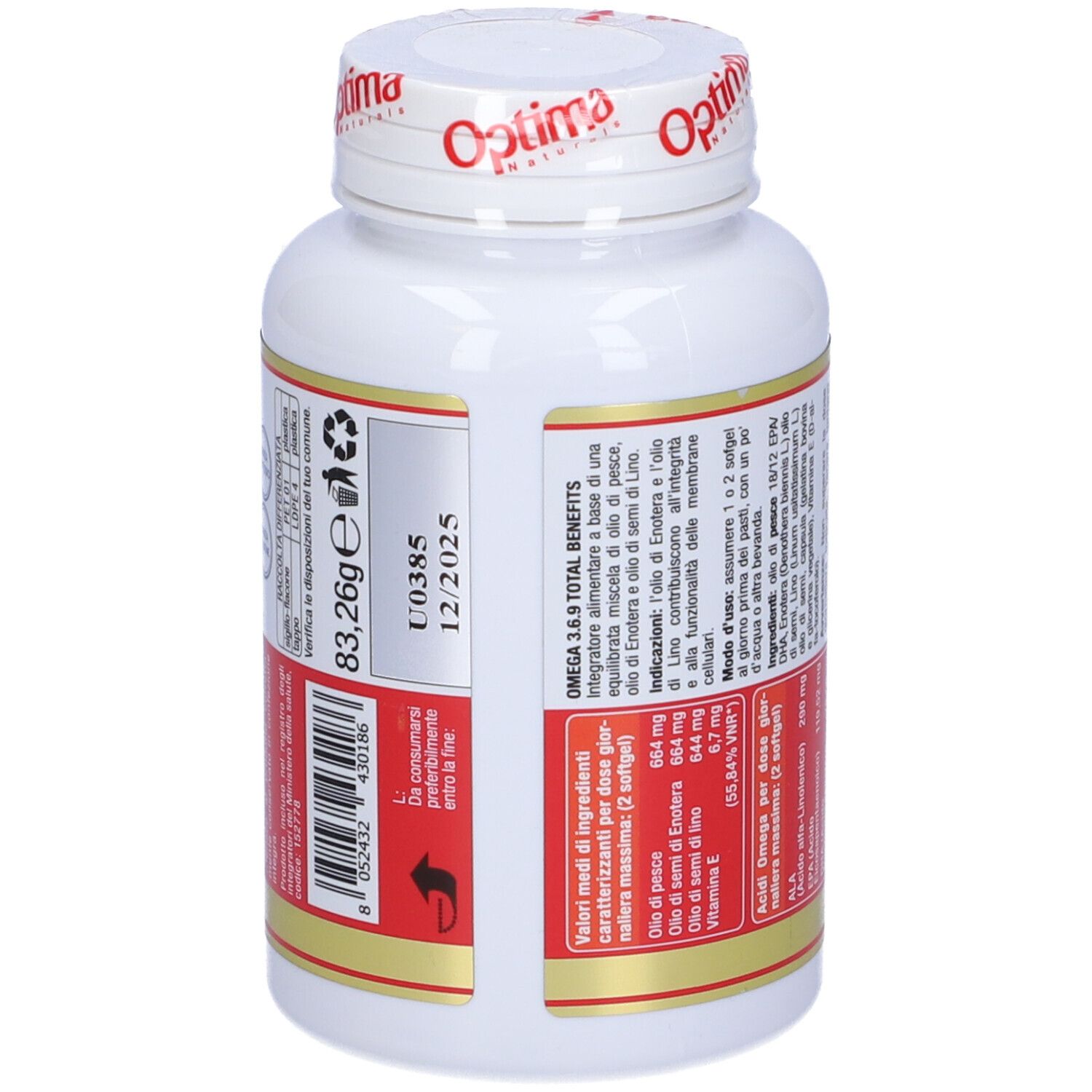 Rückseite der Flasche. Text mit Inhaltsstoffen und Nährwertangaben. Chargennummer und Ablaufdatum. Optima.