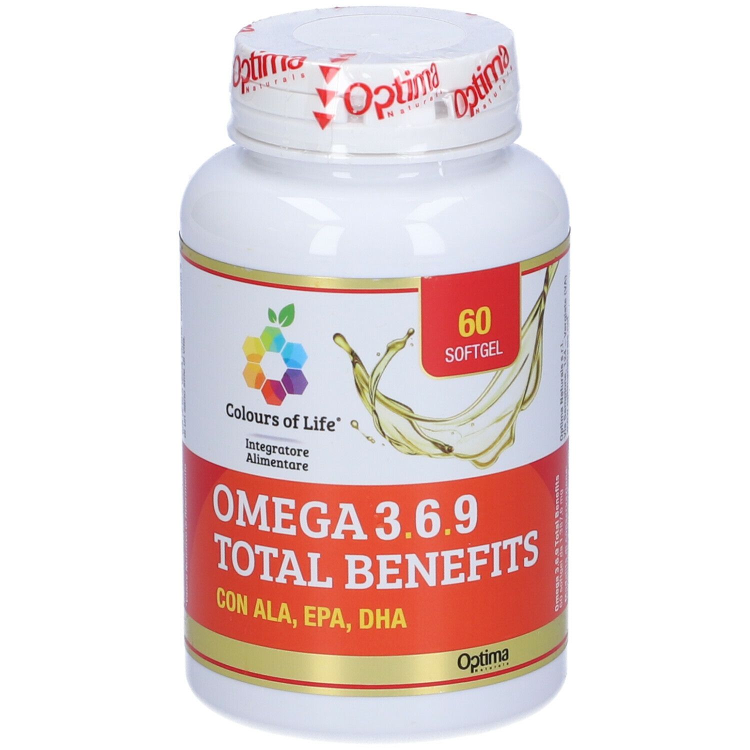Weiße Flasche mit Omega 3.6.9 Total Benefits. 60 Softgel-Kapseln. Farben des Lebens Logo. Optima-Siegel.
