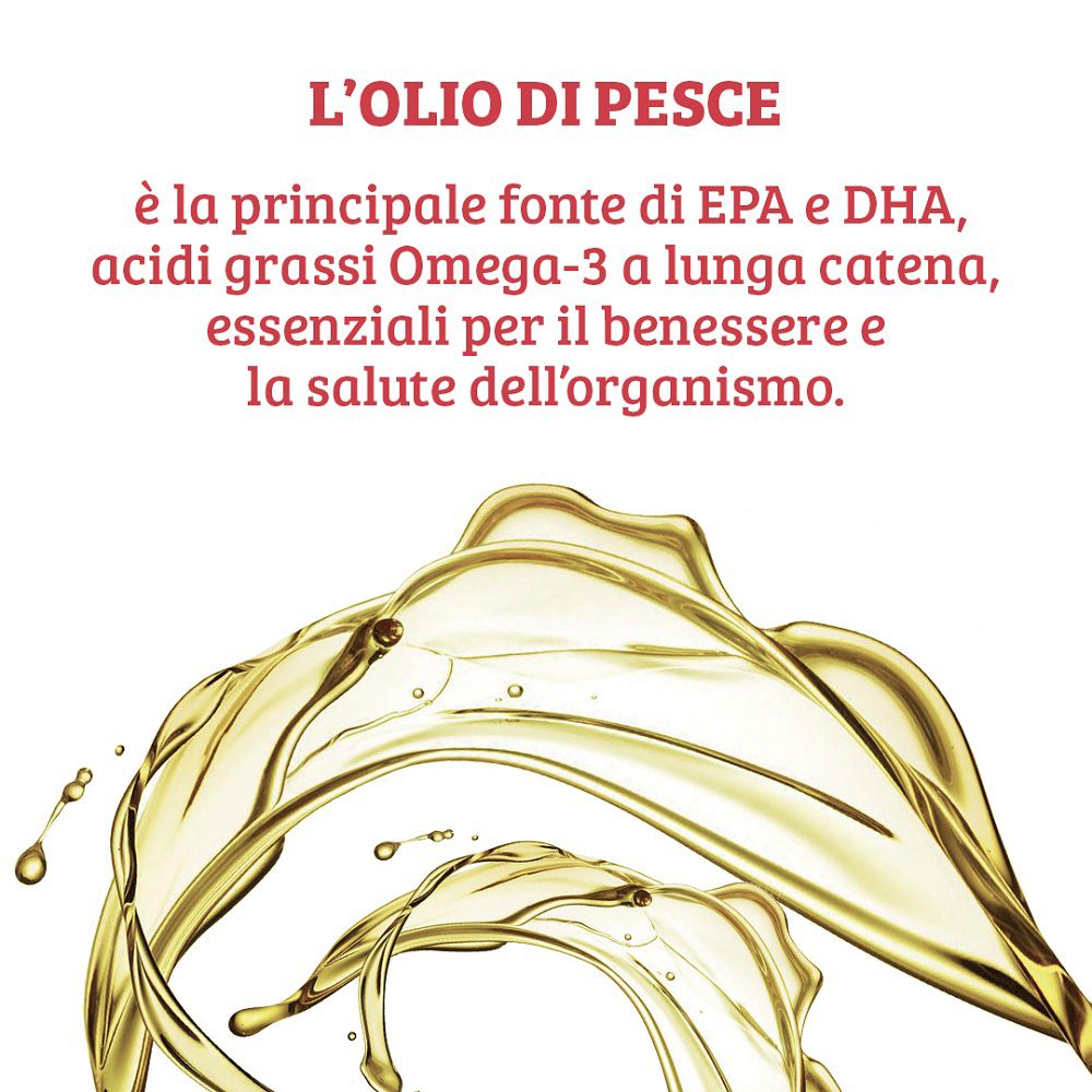 Flüssiges Öl spritzt aus einem Fischöl-Symbol. Text über EPA und DHA.
