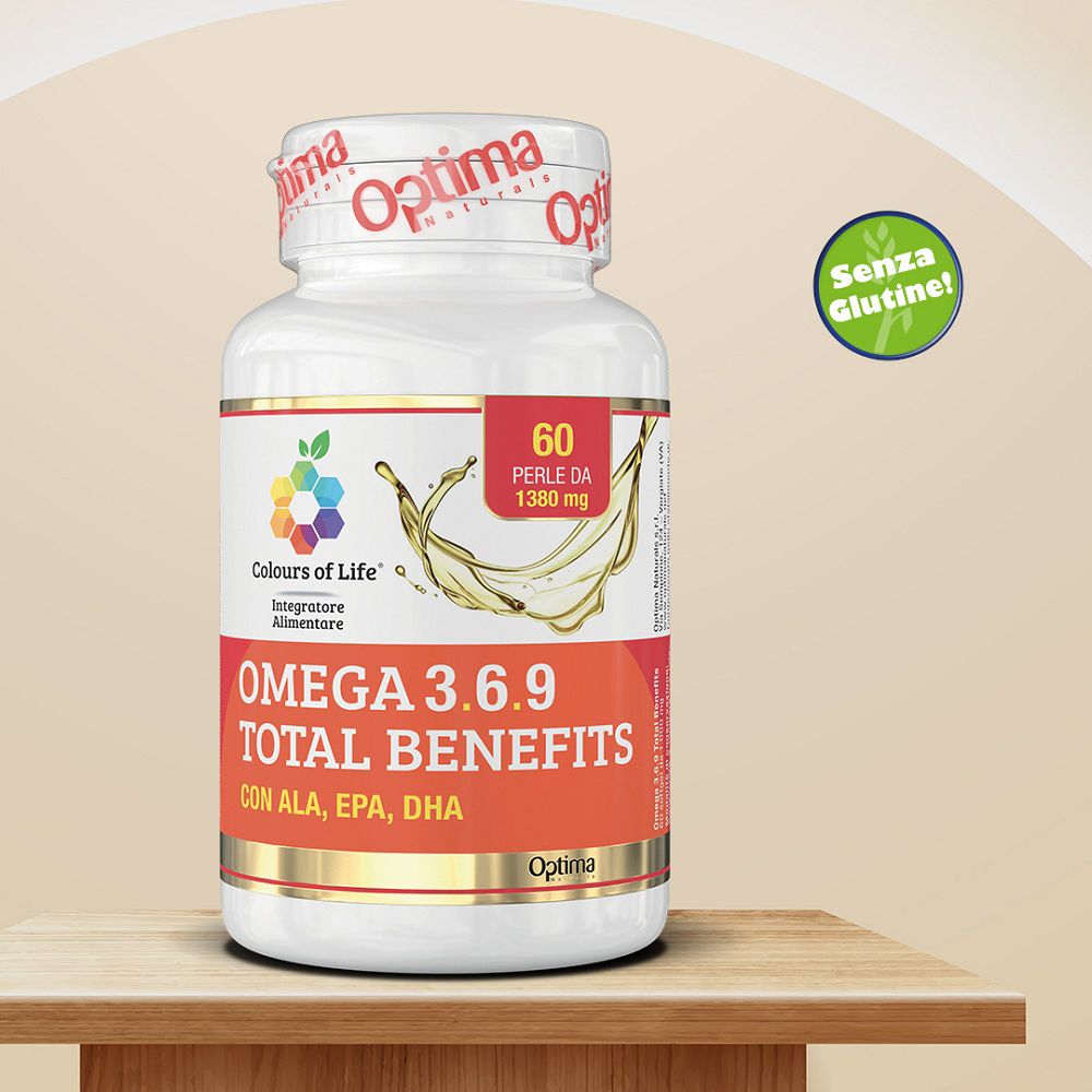 Weiße Flasche Omega 3.6.9 Total Benefits mit "Glutenfrei"-Siegel.