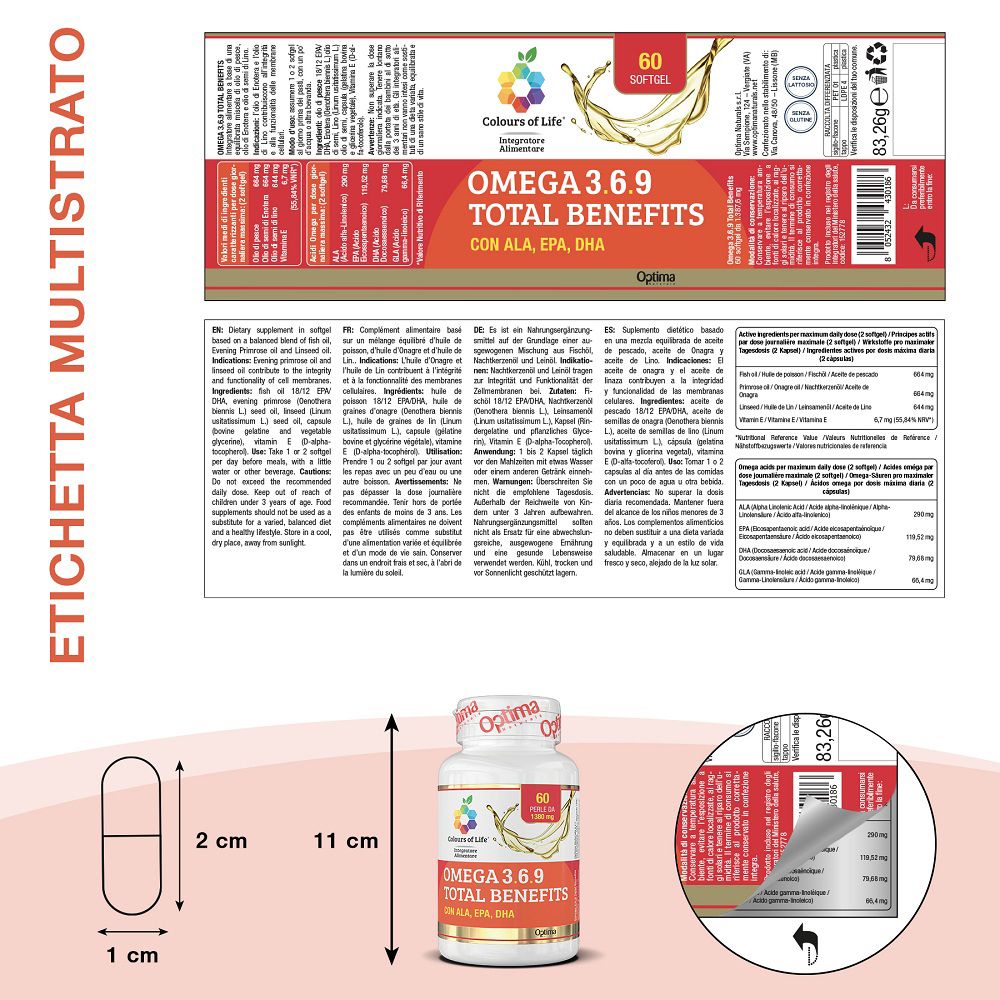 Etikett mit detaillierten Informationen und Abmessungen einer Kapsel und Flasche.