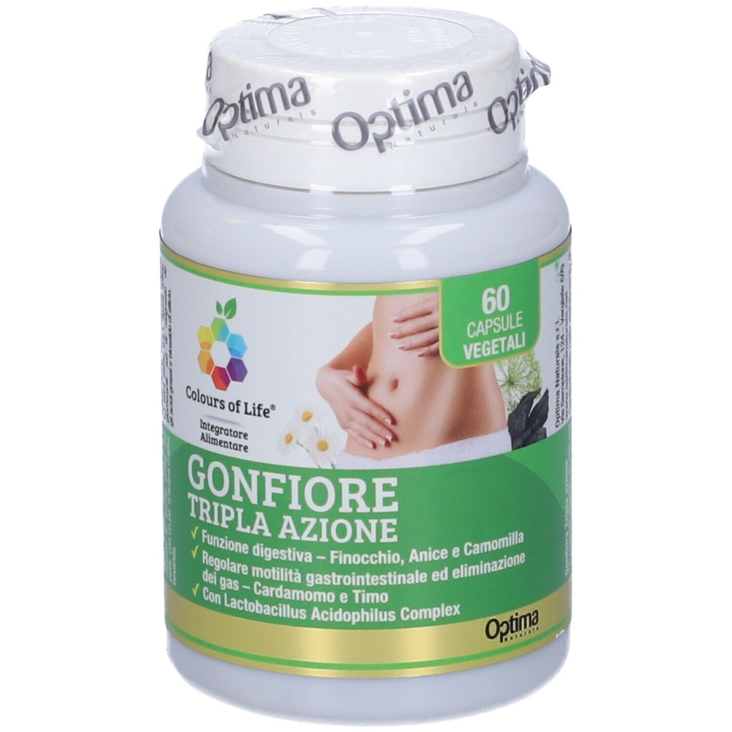 Flacone bianco con capsule. Scritta: Gonfiore Tripla Azione. Logo: Colori della vita. 60 capsule.