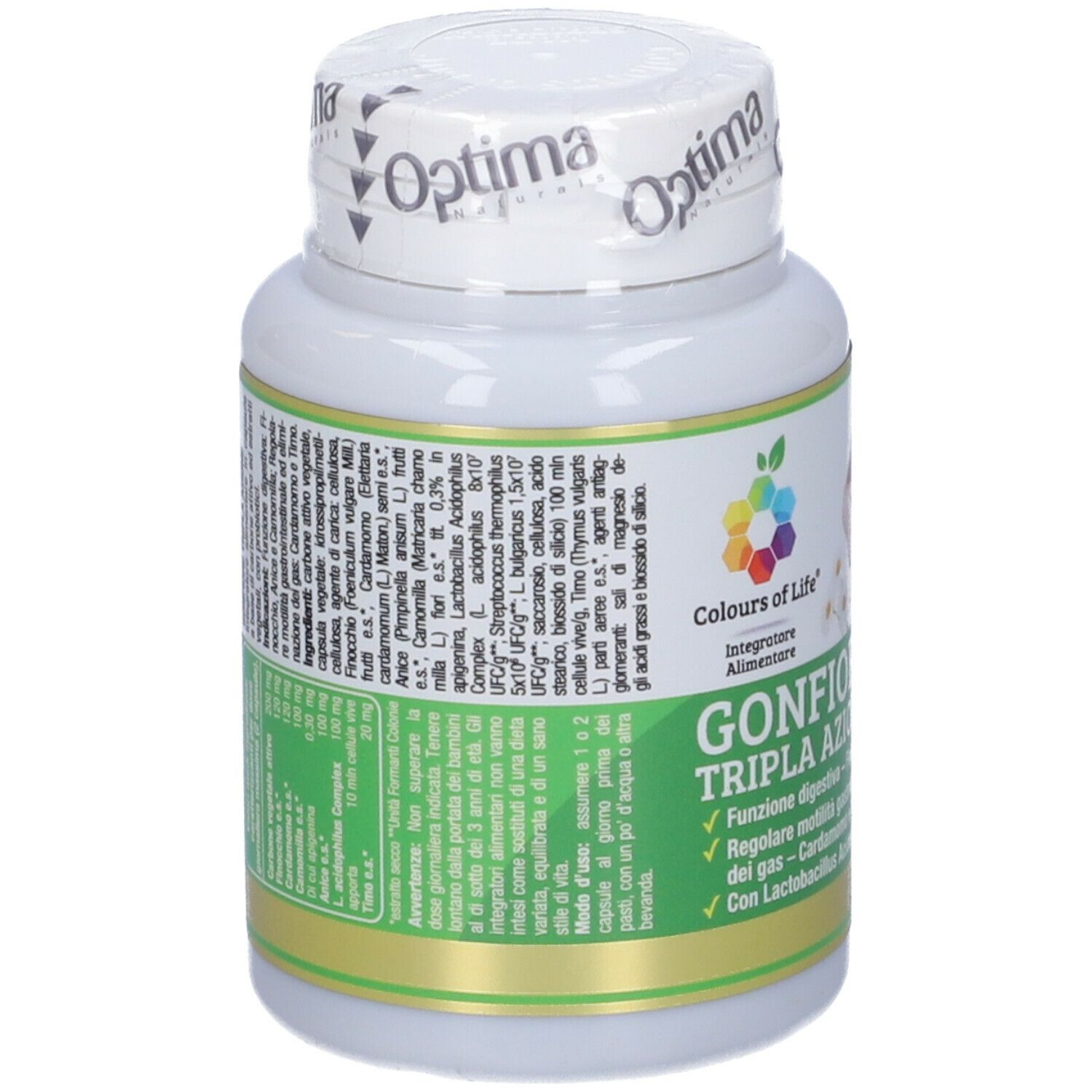 Flacone bianco con capsule. Scritta: Gonfiore Tripla Azione. Elenco ingredienti sul lato.