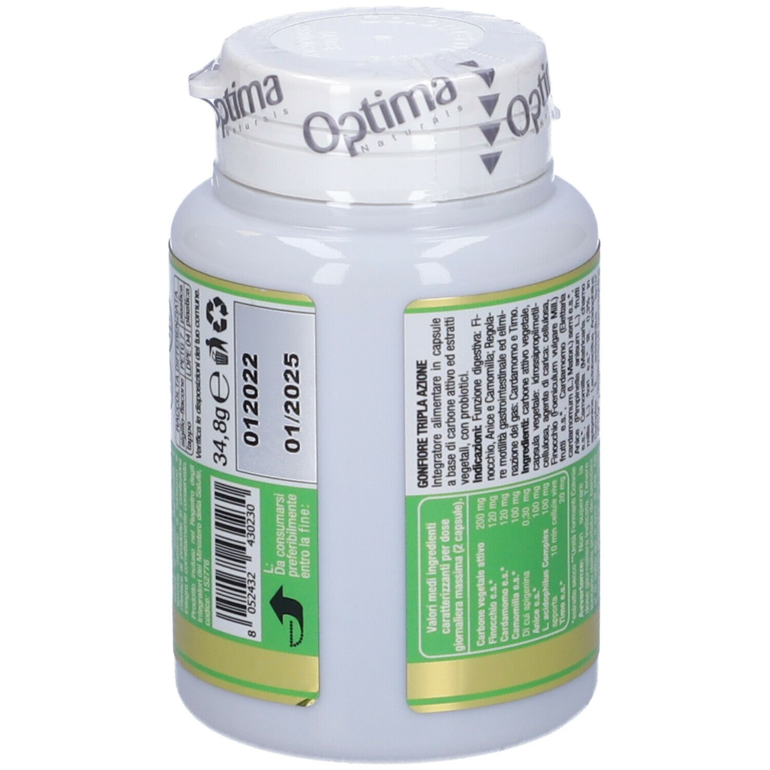Flacone bianco con capsule. Scritta: Gonfiore Tripla Azione. Peso: 34,8g. Scadenza: 01/2025.