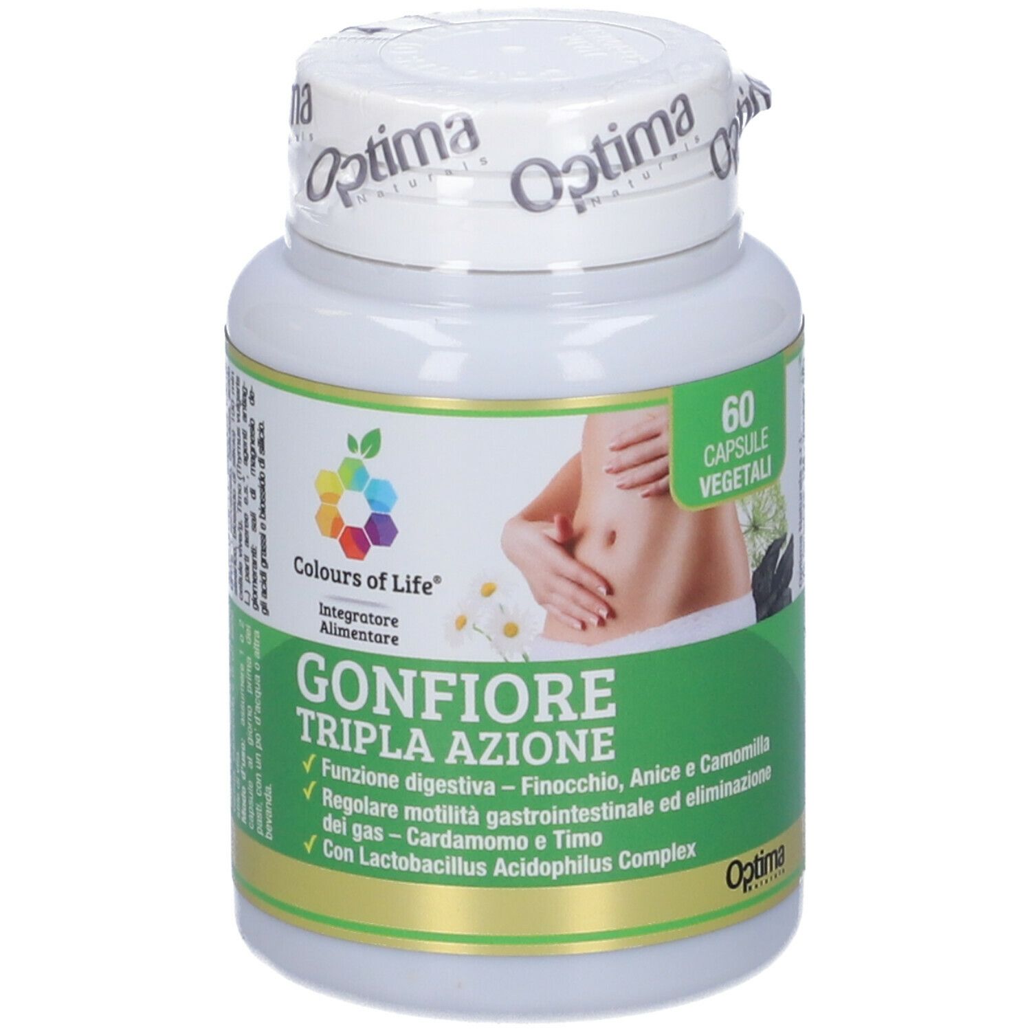 Flacone bianco con capsule. Scritta: Gonfiore Tripla Azione. Logo: Colori della vita. 60 capsule.