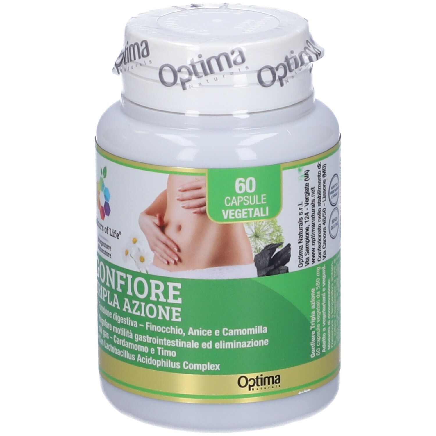 Flacone bianco con capsule. Scritta: Gonfiore Tripla Azione. Logo: Colori della vita. 60 capsule.