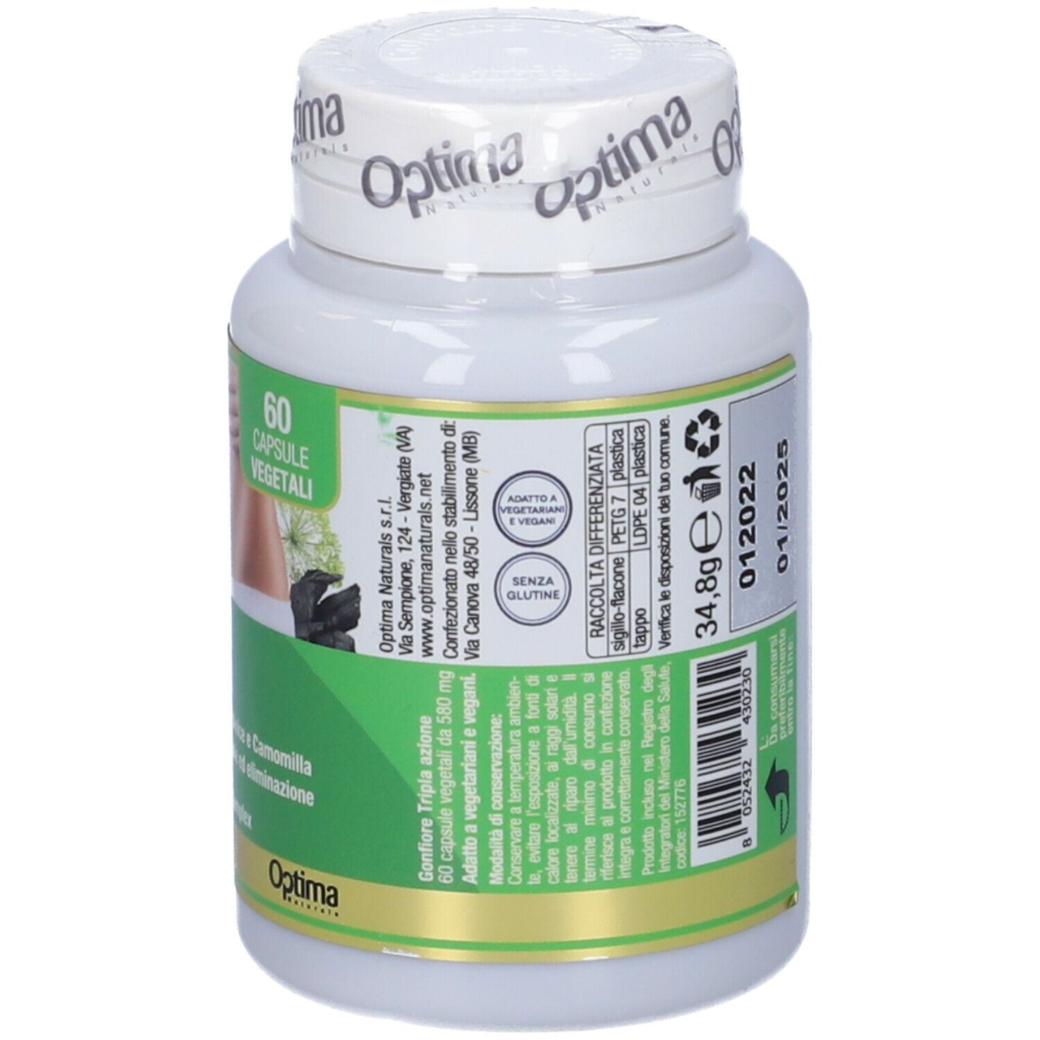 Flacone bianco con capsule. Scritta: Gonfiore Tripla Azione. 60 capsule. Scadenza: 01/2025.