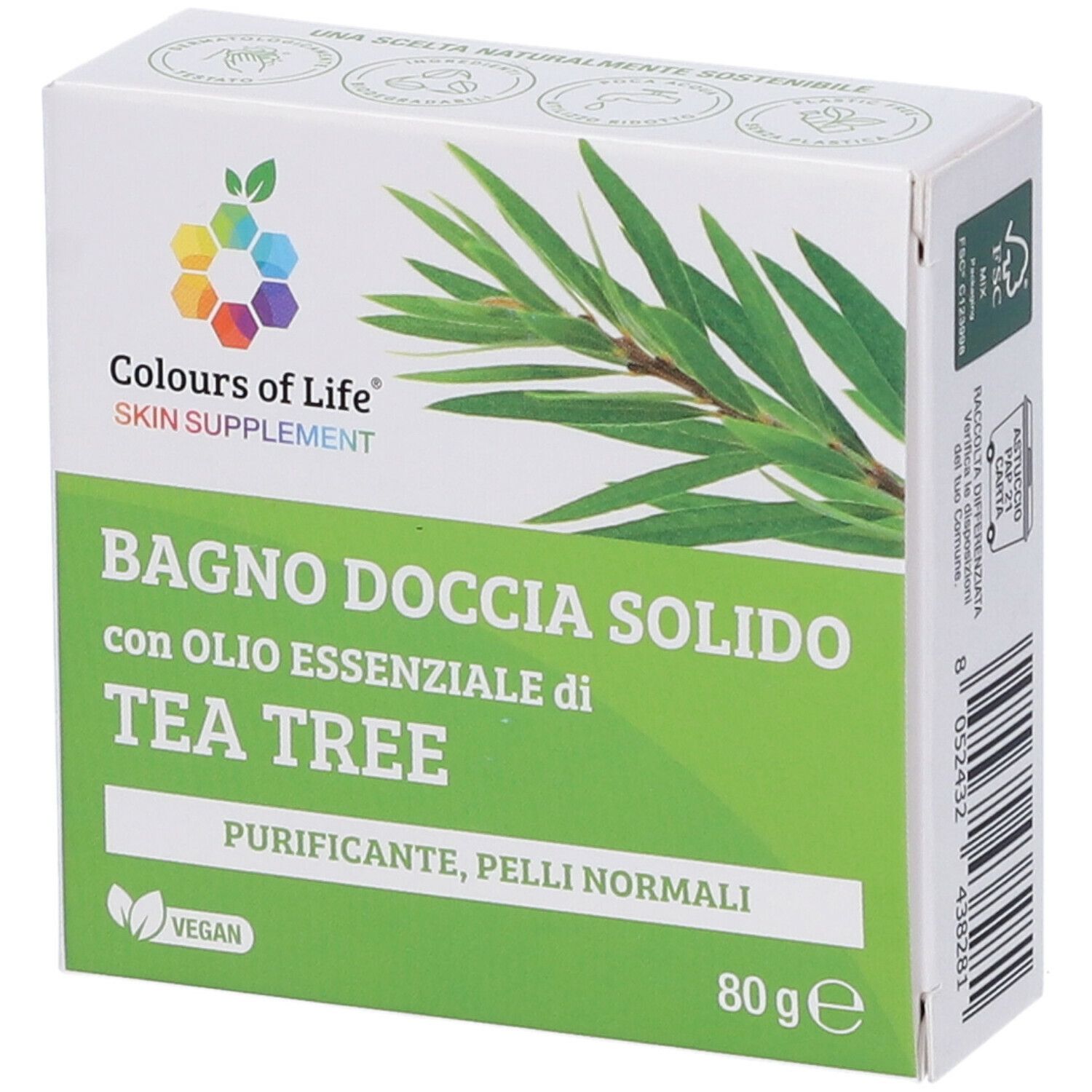 Scatola con stampa del prodotto. Colours of Life Skin Supplement. Testo: Bagno Doccia Solido con olio di Tea Tree. Vegano.