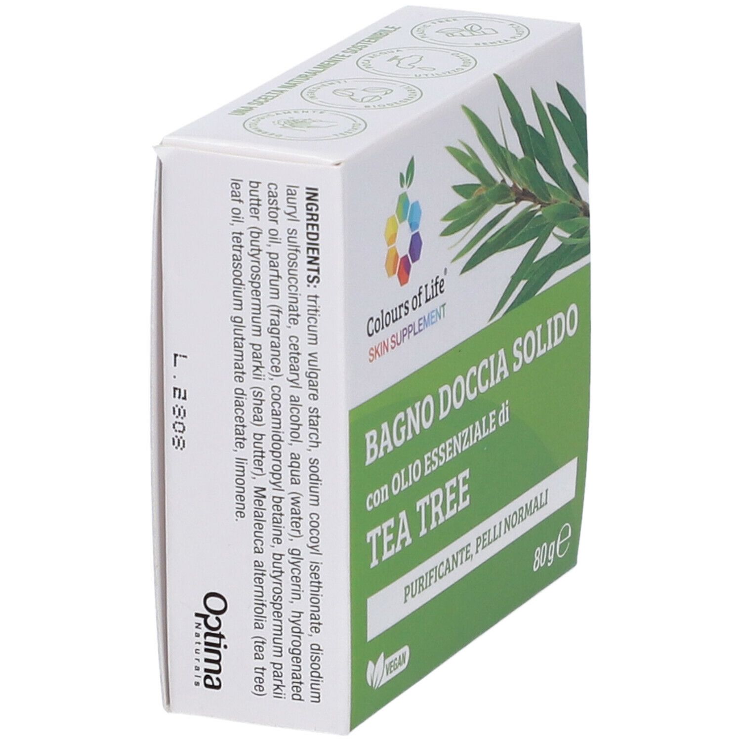 Scatola con stampa del prodotto. Colours of Life Skin Supplement. Elenco ingredienti. Testo: Bagno Doccia Solido con olio di Tea Tree. Vegano.