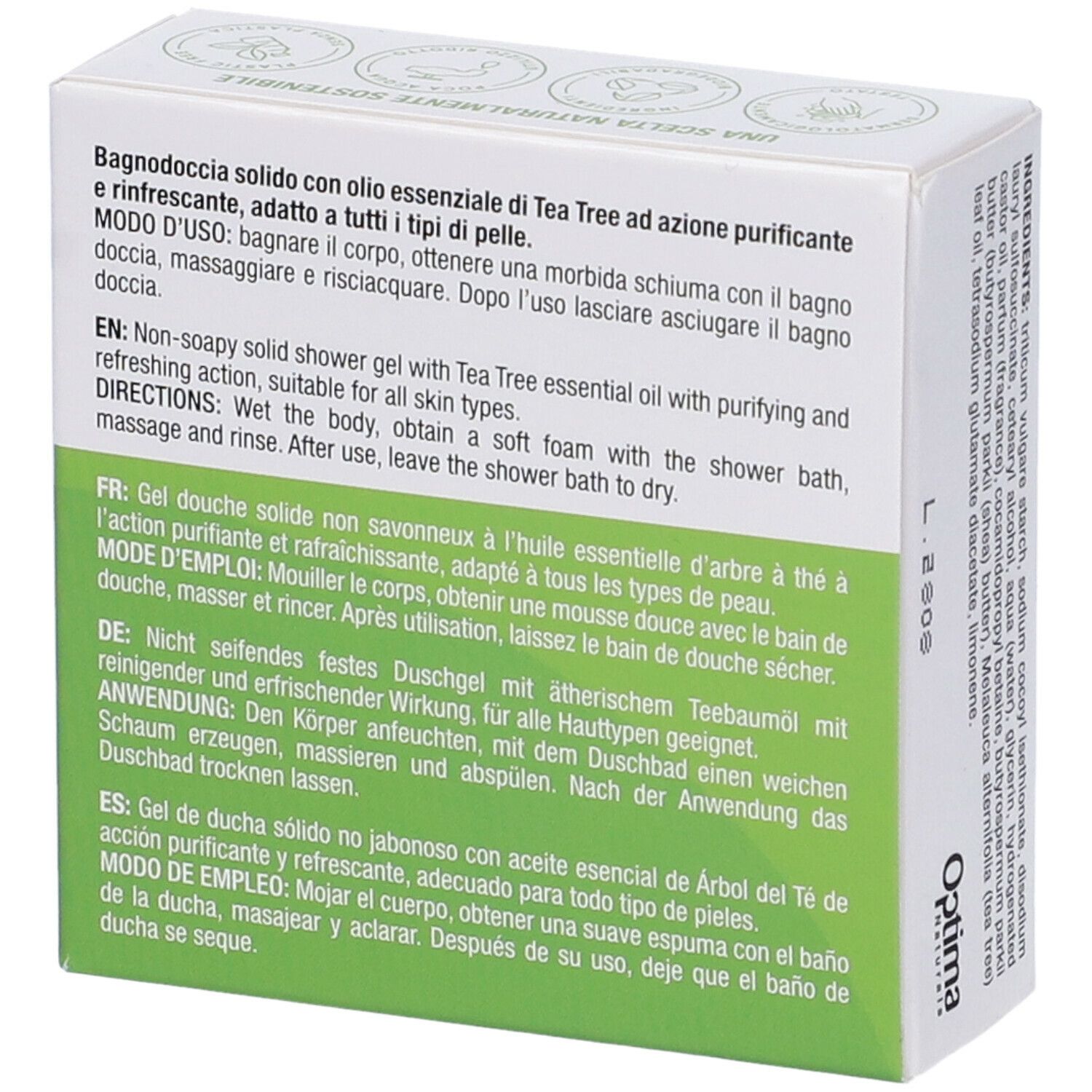 Scatola con stampa del prodotto. Colours of Life Skin Supplement. Testo: Bagno Doccia Solido con olio di Tea Tree. Istruzioni per l'uso.