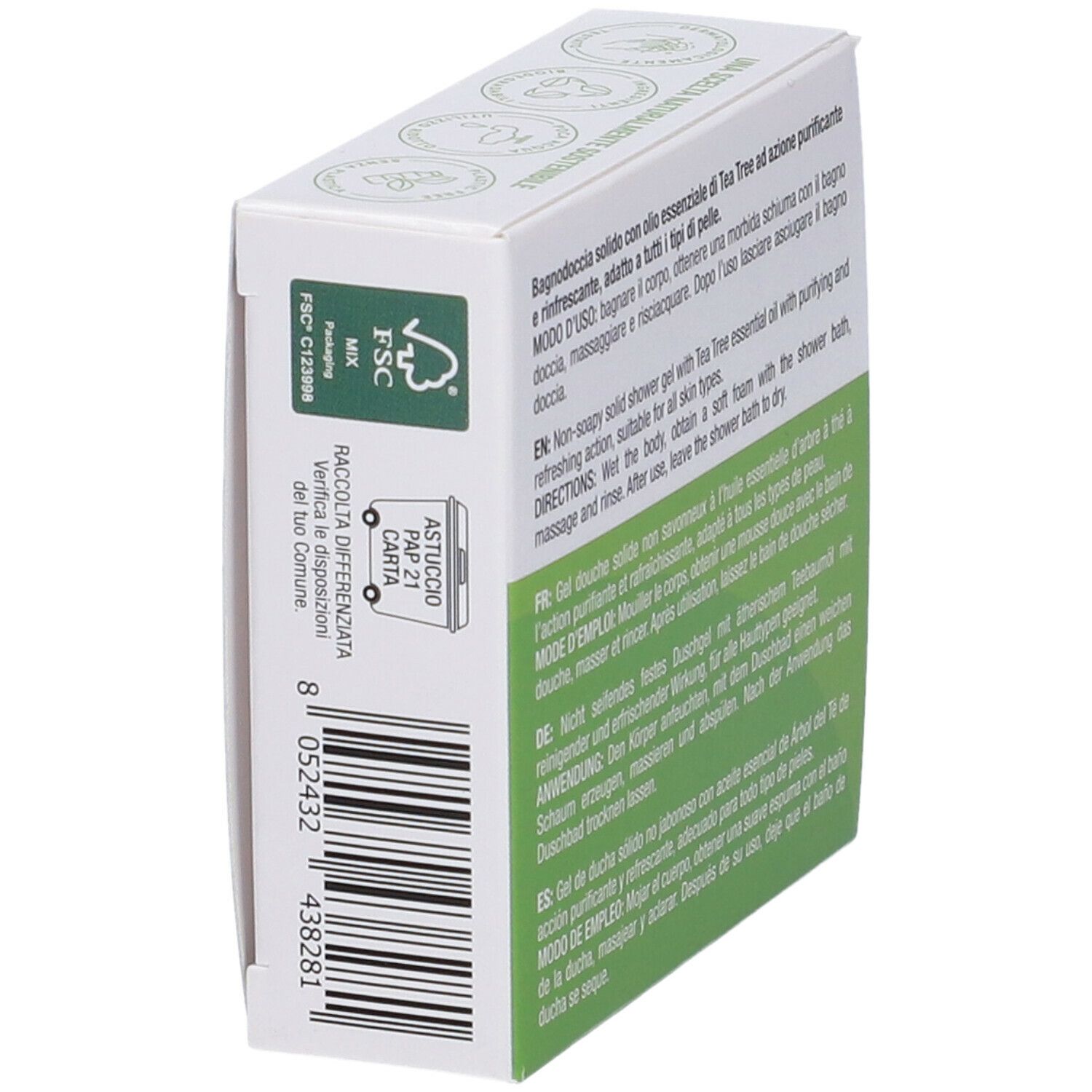 Scatola con stampa del prodotto. Colours of Life Skin Supplement. Certificazione FSC. Testo: Bagno Doccia Solido con olio di Tea Tree.