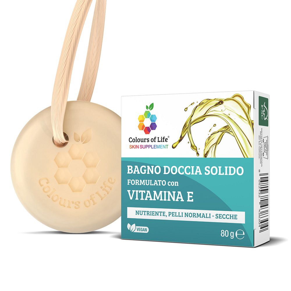 Feste Duschbrause mit Vitamin E, 80g. Inklusive Baumwollschnur zum Aufhängen.
