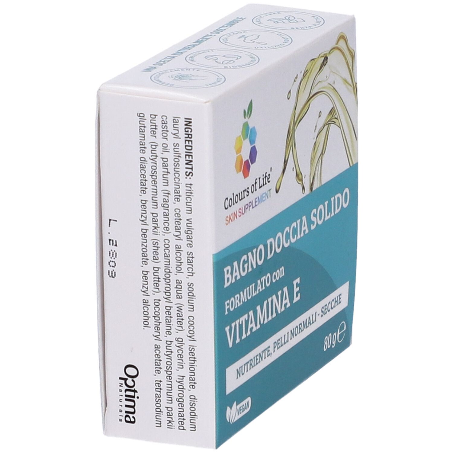 Verpackung mit Inhaltsstoffen und Produktnamen. Enthält festes Duschgel mit Vitamin E.