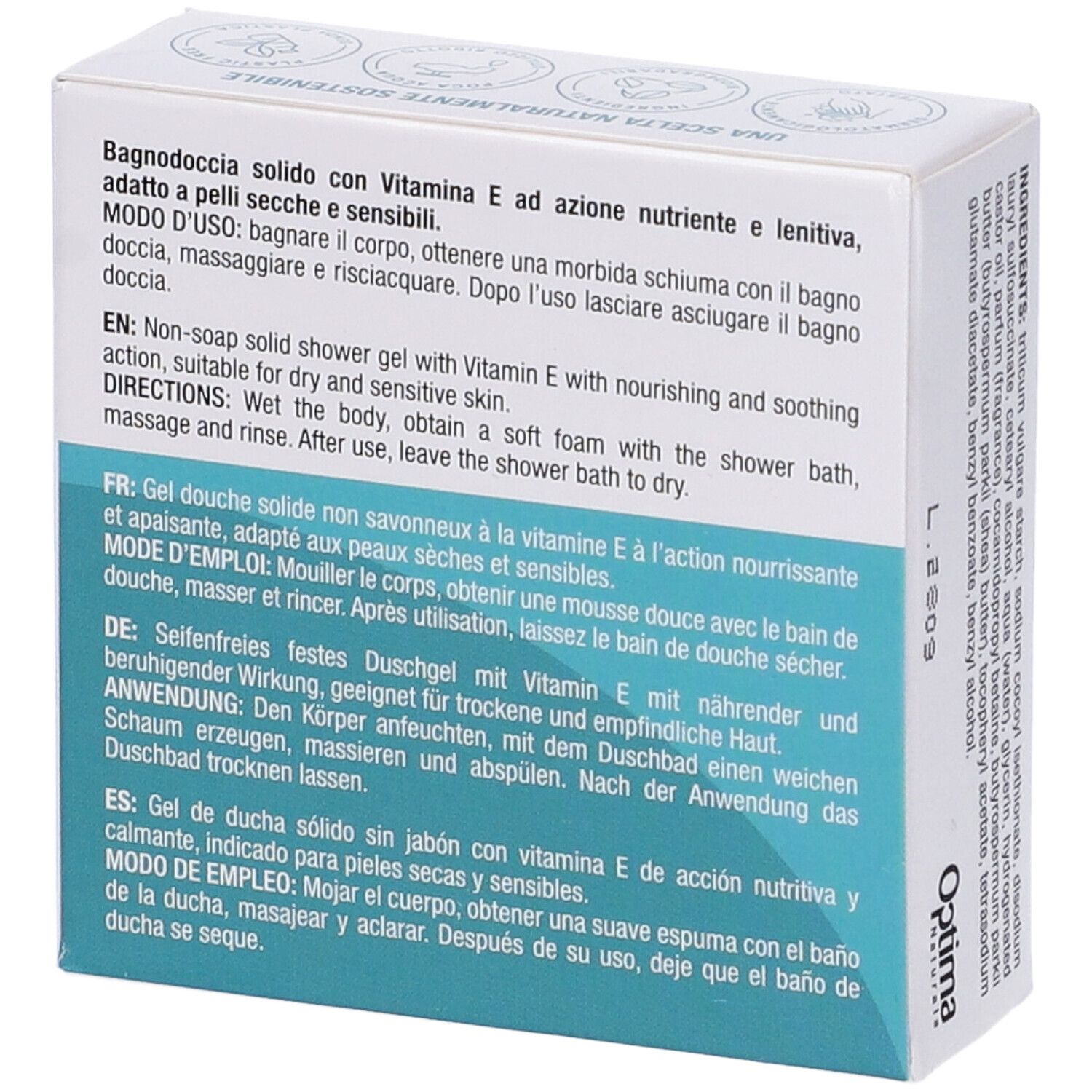 Verpackung mit Produktinformationen in mehreren Sprachen. Enthält festes Duschgel mit Vitamin E.