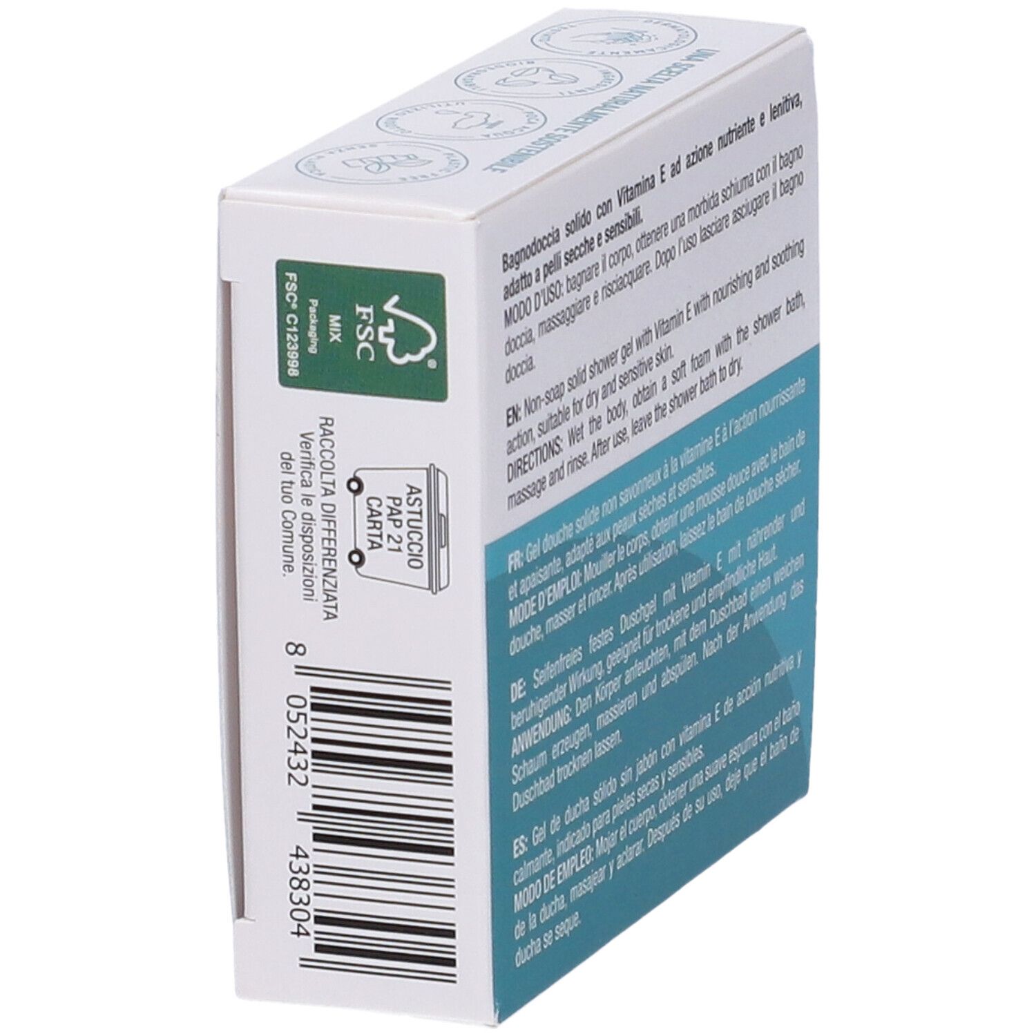 Verpackung mit FSC-Zertifizierung und Barcode. Enthält festes Duschgel mit Vitamin E.