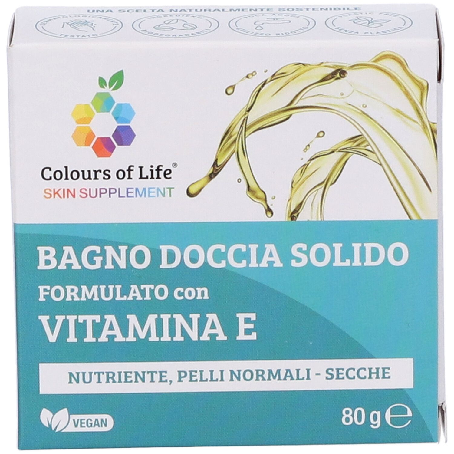 Verpackung mit Produktnamen und Logo. Enthält festes Duschgel mit Vitamin E. Enthält 80g.